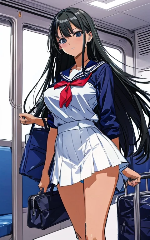A beautiful woman with long black hair, big breasts, and beautiful legs is wearing a sailor uniform with a white miniskirt, her light blue and blue striped panties are showing off, and she is standing proudly looking at a middle-aged office worker on the train.。