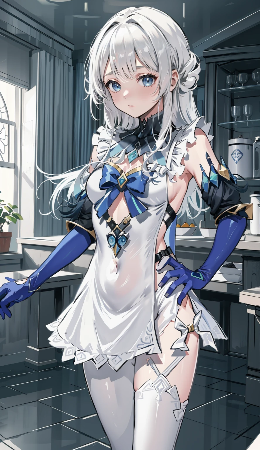 1girl em、COMO-、A camisa、Ultra mini saia、Pantiy、(Seios pequenos)、Doress、Pinafore、hair decoration、(fantasia de empregada)、Andar com uma coxa、Retrato da parte superior do corpo、