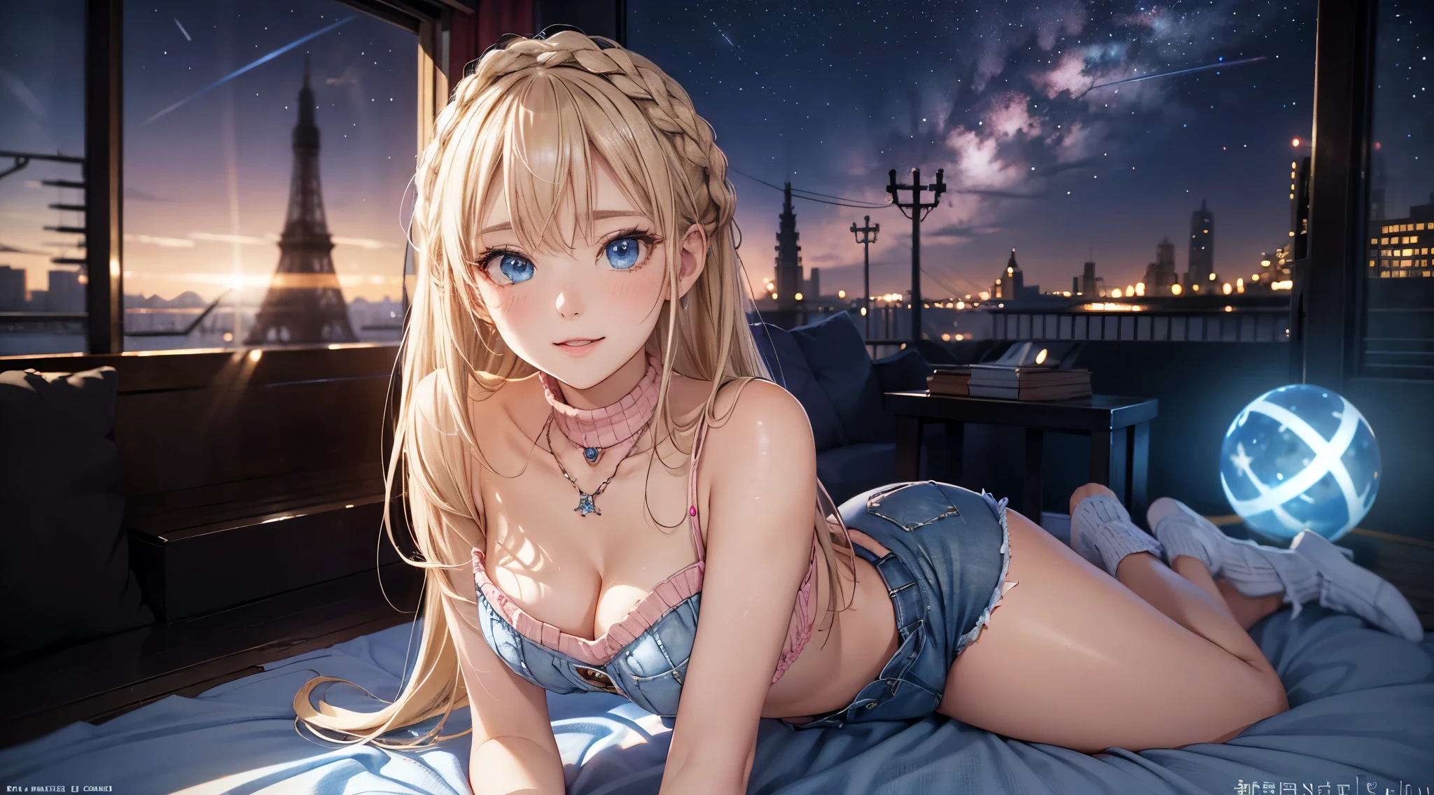 fullnude, Full length image of a girl, absurderes, ultra-detailliert,bright colour,(At 8K:1.3),masuter piece,extremely beautiful detailed face and eyes, very skimpy clothes, lace underwear, full-length photo of a girl,(Deep Blue Eyes:1.2),(Loose Size Pink Argyle Knit:1.4),(Short denim:1.2),Cute smile、Synchrosis Necklace、Stylish bracelets,Inside the boutique,(Full body:1.2) X-Hair,Aurora、city light、constellation、Crescent,intergalactic,lamp post, Particles of light, milkyway, natta, nigh sky, outside of house, planetes, Power lines, shooting stars, Skysky, Skyscraper, 独奏、Stargazing,Star_\(skyporn\)、starrysky、Winters、(Smooth straight blonde hair:1.3), (Shiny hair:1.2), Delicate beautiful face, red blush、