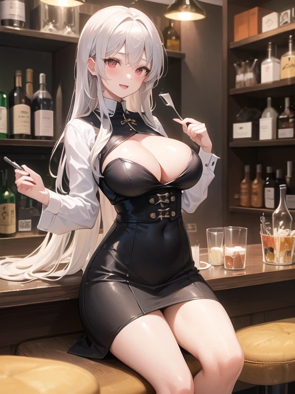 1girl, mature woman, red eyes, silver long hair, big breasts, medieval clothing with a cutout on the chest and breasts and vagina exposed, nsfw, spread vagina, medieval bar, villagers, cheerful atmosphere in the bar, girl serving staff in the bar