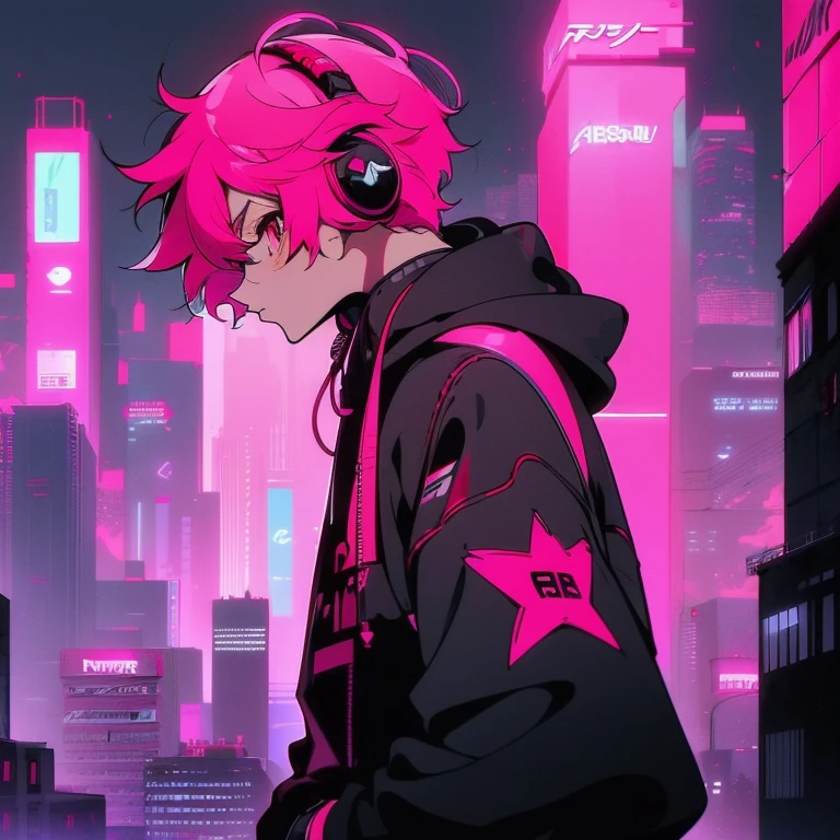 (short-cut), (Two-block hair), (vivid pink hair), (male character), (Red Eyes), (Cool pose), (of the highest quality), (​masterpiece), (ultra-detailliert), (Oversized hoodies), (Street), (neons), (Camera from a down angle), (Modern City), (neonsデイライト), (Cinematic), (Stylish), (hight resolution), (Hyper Detailed), (Looking at the camera), (Anime-style), (Softtown), (nightcore), (a handsome man), (Listening to music through headphones), (natural appearance of the building), (casual), (ig studios anime style), (Super beautiful angle of view),