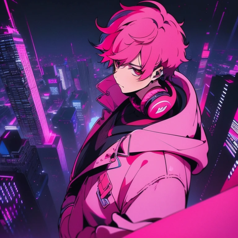 (short-cut), (Two-block hair), (vivid pink hair), (male character), (Red Eyes), (Cool pose), (of the highest quality), (​masterpiece), (ultra-detailliert), (Oversized hoodies), (Street), (neons), (Camera from a down angle), (Modern City), (neonsデイライト), (Cinematic), (Stylish), (hight resolution), (Hyper Detailed), (Looking at the camera), (Anime-style), (Softtown), (nightcore), (a handsome man), (Listening to music through headphones), (natural appearance of the building), (casual), (ig studios anime style), (Super beautiful angle of view),