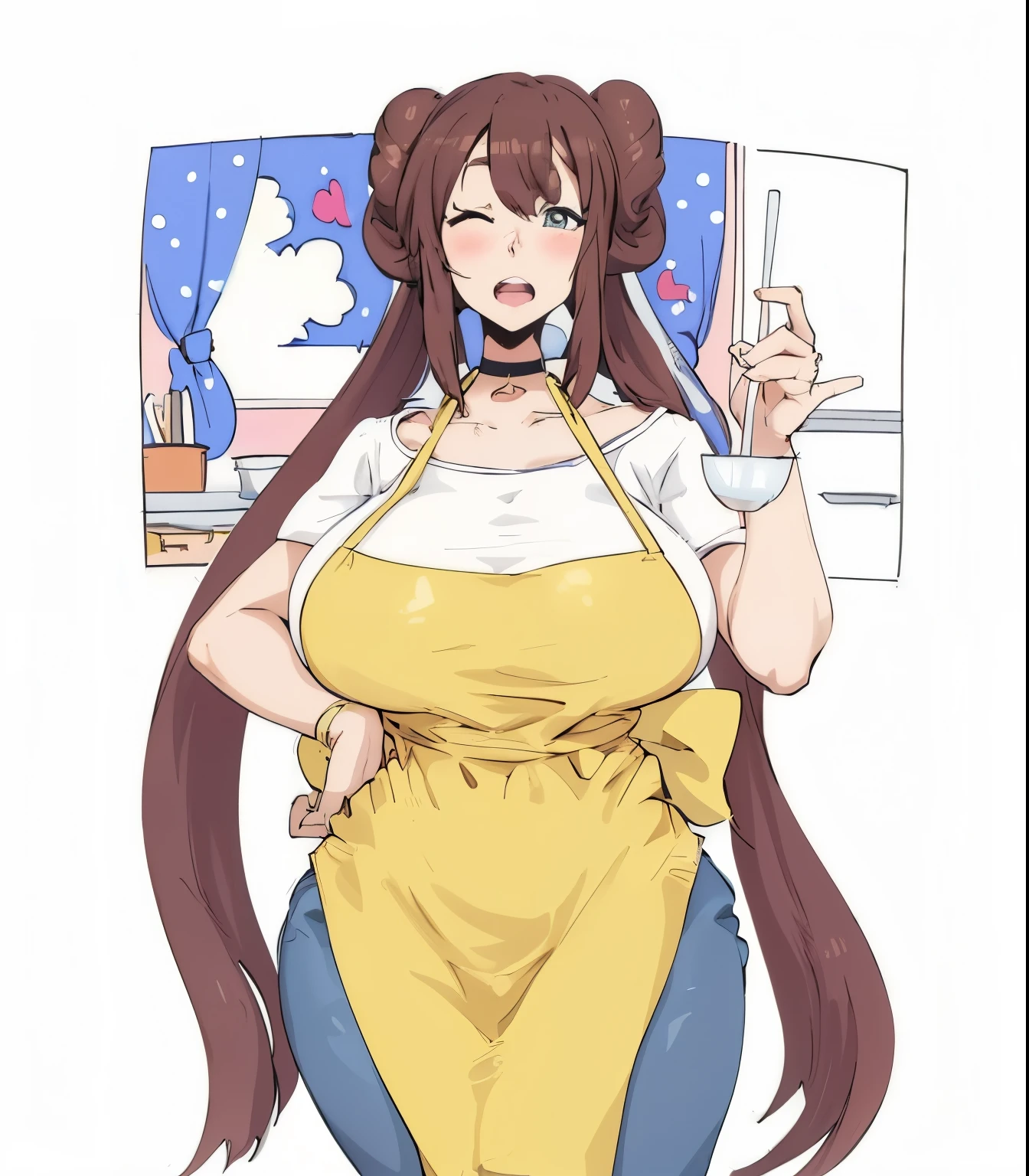 anime girl with long brown hair wearing yellow apron and holding a pearl metal sofie ladle, oppai, (sfw) safe for work, anime moe artstyle, oppai proportions, thicc, cooking, vore art, small curvy , marin kitagawa fanart, with a large breasts, ecchi anime style, r/art, r /art, r / art, in the kitchen, One eye closed and one eye open, beautiful eye, Beautiful drawing, a masterpiece
