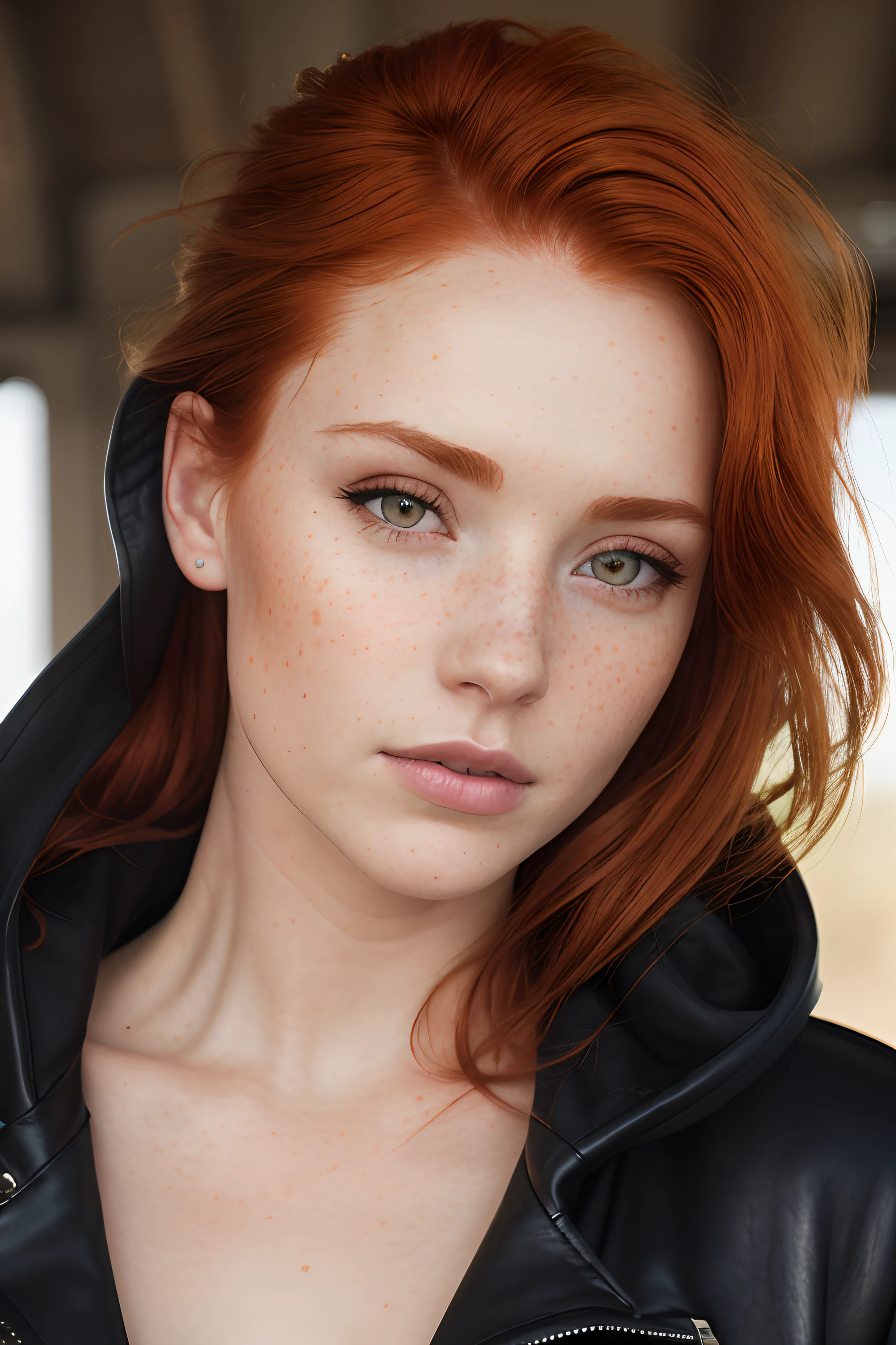 Mulher ruiva de cabelo com cabelo sardado e jaqueta de couro, ginger hair com sardas, cabelos ruivos e sardas, sardas claras, mulher jovem de cabelos vermelhos, uma jovem ruiva, light sardas fofas, very sardas claras, woman com sardas, sardas macias, freckled pale skin, Retrato de um modelo bonito, com sardas, Dica de sardas, mulher com cabelo vermelho, sardas fofas, fechar para cima