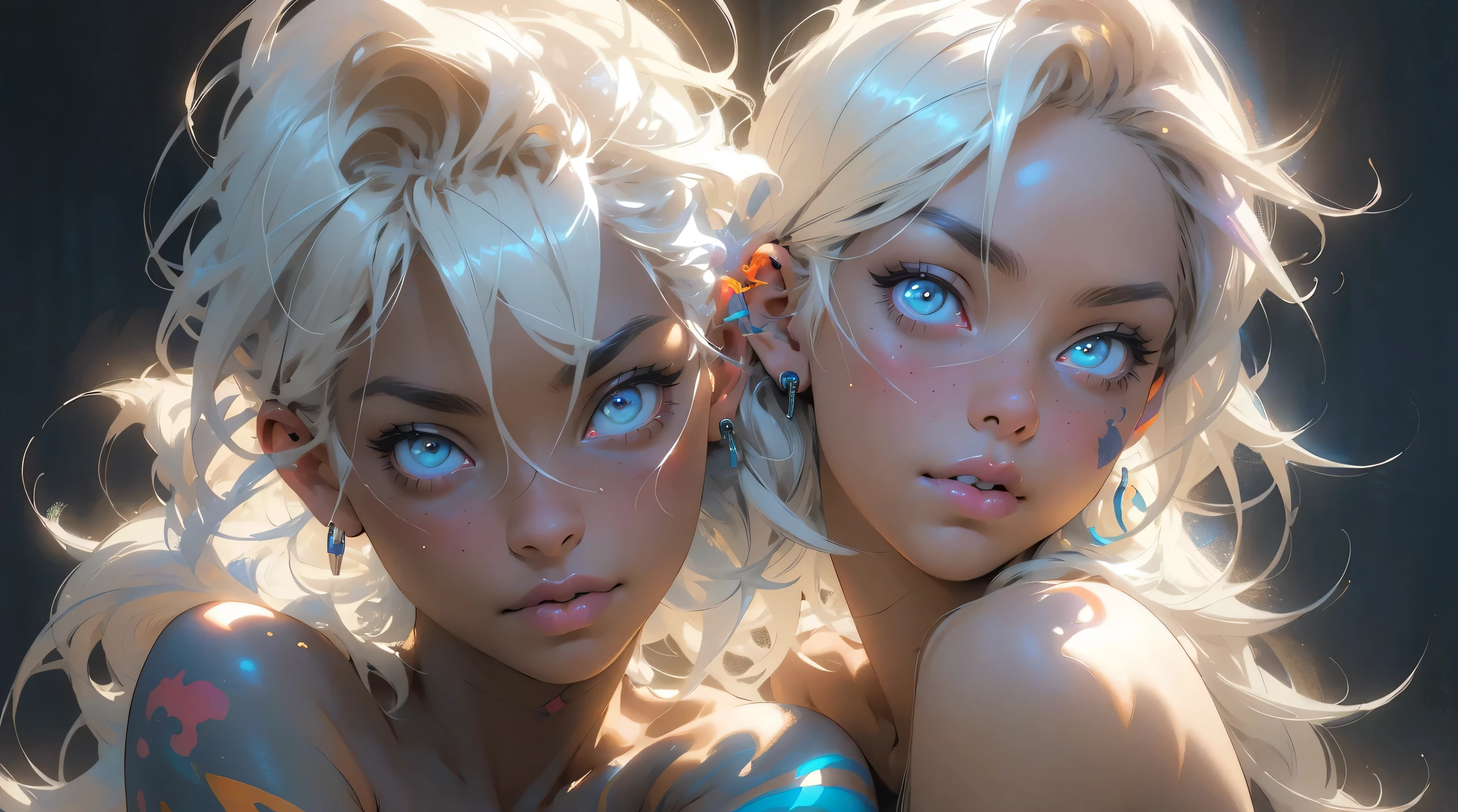 (a smiling beautiful 18 age years old ebony woman:1.2), ID photo, facing camera, smiling, (Pretty latino girl, african mixed), (Pretty latino girl, african mixed), (sparkling heterochromia eyes:1.2), (light blue hair:1.4), solid blue background --auto --s2