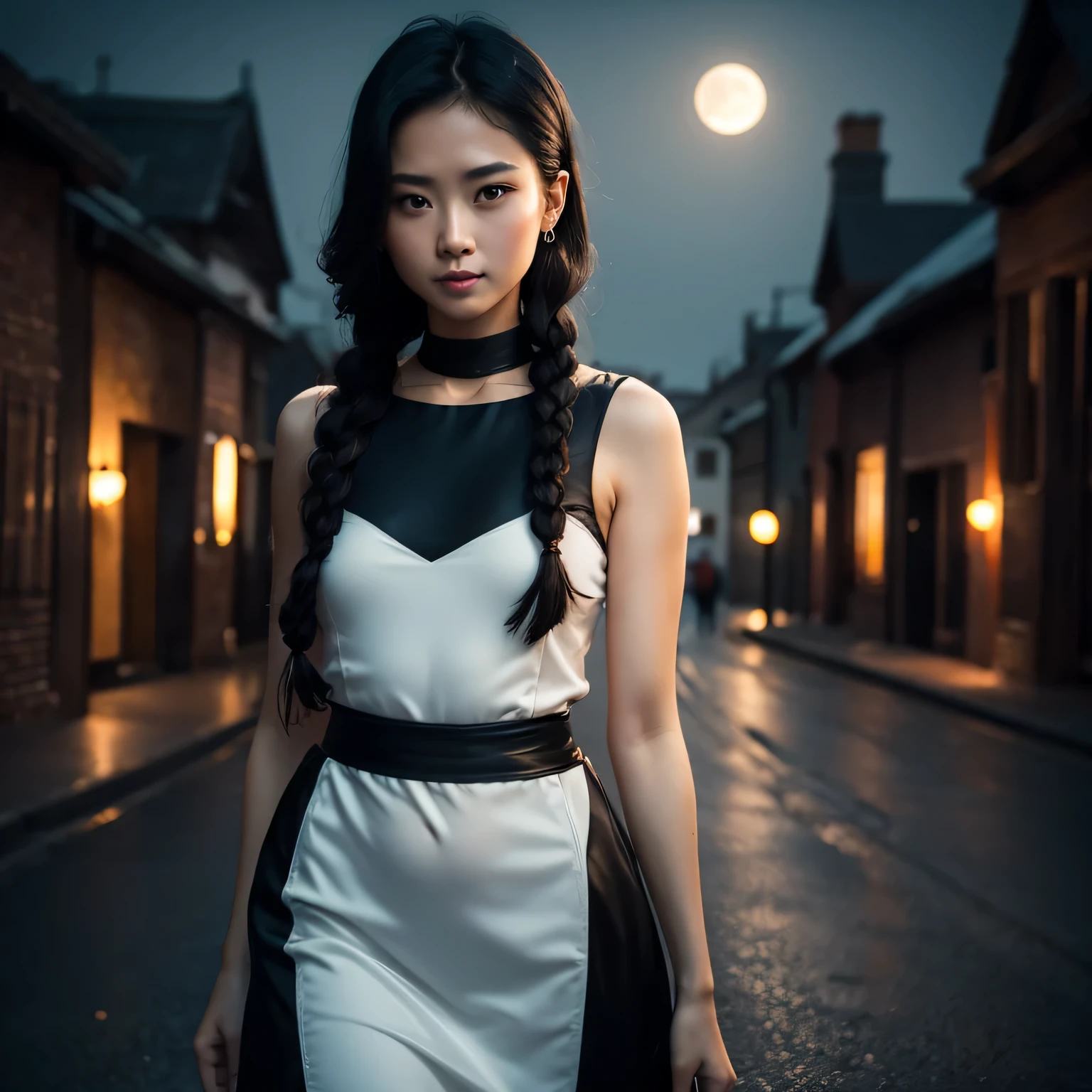 Ultra Realistic, Best Quality, 8k, Masterpiece, Black Haired woman, 30 years old, White Skin, Braids, Black satin Dress, , Small, Slender, Full Moon Shining Graveyard