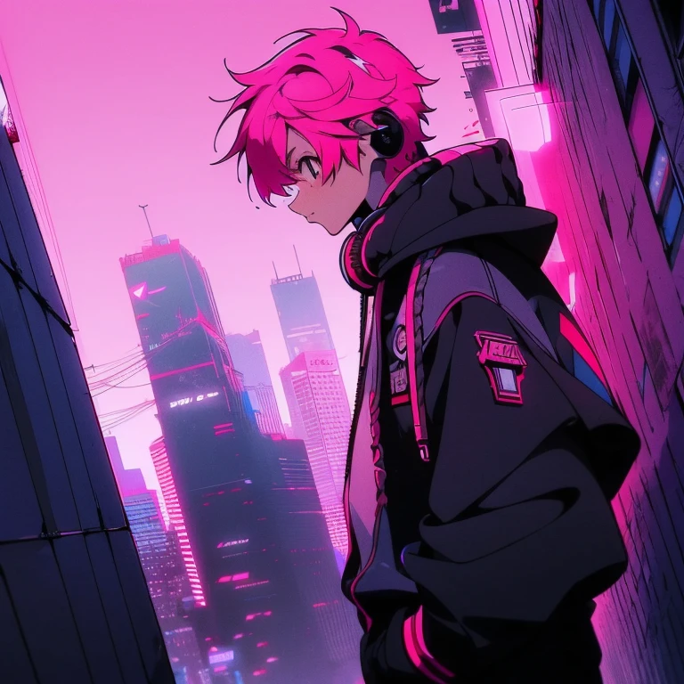 (short-cut), (Two-block hair), (vivid pink hair), (male character), (Red Eyes), (Cool pose), (of the highest quality), (masterpiece), (ultra-detailliert), (Oversized hoodies), (Street), (neons), (Camera from a down angle), (Modern City), (neonsデイライト), (Cinematic), (Stylish), (hight resolution), (Hyper Detailed), (Looking at the camera), (Anime-style), (Softtown), (nightcore), (a handsome man), (Listening to music through headphones), (natural appearance of the building), (casual), (ig studios anime style), (Super beautiful angle of view),