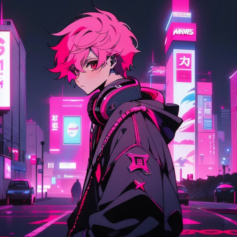 (short-cut), (Two-block hair), (vivid pink hair), (male character), (Red Eyes), (Cool pose), (of the highest quality), (masterpiece), (ultra-detailliert), (Oversized hoodies), (Street), (neons), (Camera from a down angle), (Modern City), (neonsデイライト), (Cinematic), (Stylish), (hight resolution), (Hyper Detailed), (Looking at the camera), (Anime-style), (Softtown), (nightcore), (a handsome man), (Listening to music through headphones), (natural appearance of the building), (casual), (ig studios anime style), (Super beautiful angle of view),