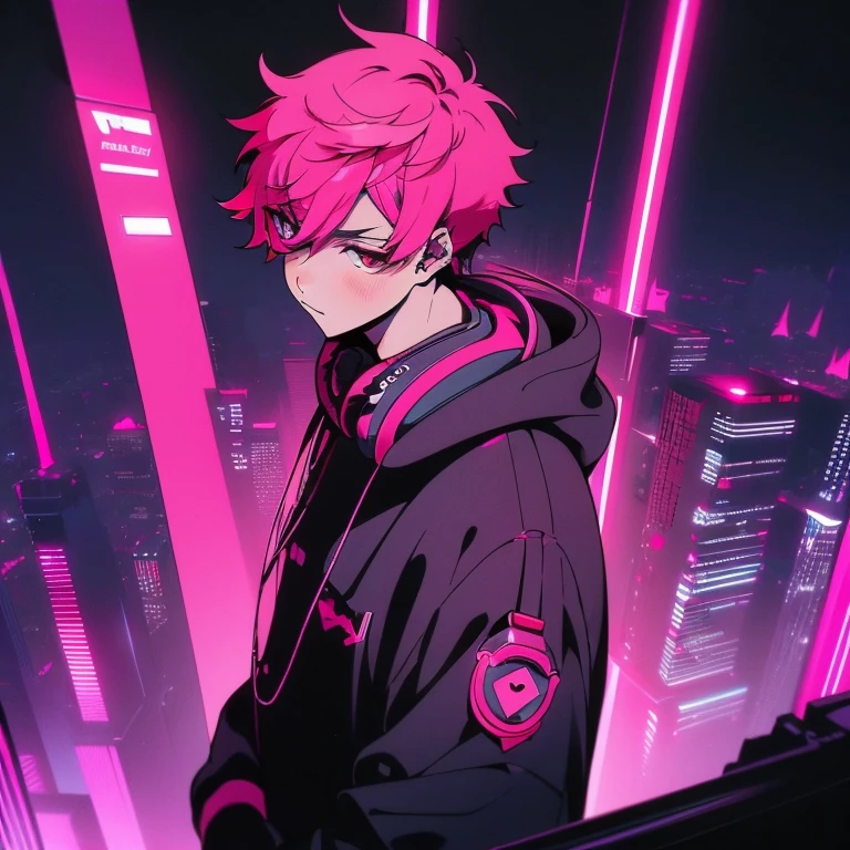 (short-cut), (Two-block hair), (vivid pink hair), (male character), (Red Eyes), (Cool pose), (of the highest quality), (​masterpiece), (ultra-detailliert), (Oversized hoodies), (Street), (neons), (Camera from a down angle), (Modern City), (neonsデイライト), (Cinematic), (Stylish), (hight resolution), (Hyper Detailed), (Looking at the camera), (Anime-style), (Softtown), (nightcore), (a handsome man), (Listening to music through headphones), (natural appearance of the building), (casual), (ig studios anime style), (Super beautiful angle of view),