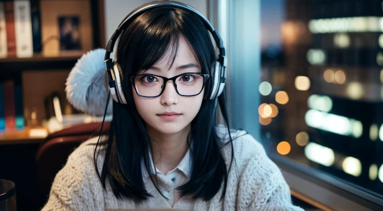 masutepiece, Best Quality, japanaese girl,1girl in, 8K, Raw photo, top-notch quality, masutepiece, nffsw:1.2, exceptionally detailed RAW color photo, professional-grade photograph, (Realistic, Photorealistic:1.37), (highly detailedskin:1.2), Ultra-high resolution, (lenz 50mm), (F/1.2),Exquisitely Detailed Eyes, Break 24 years old, Dark hair, Long hair, Glasses, Own room, Wearing headphones, Studying, Studying by window, Night view from the window, White beautiful skin, knit, (looking at away:1.1)