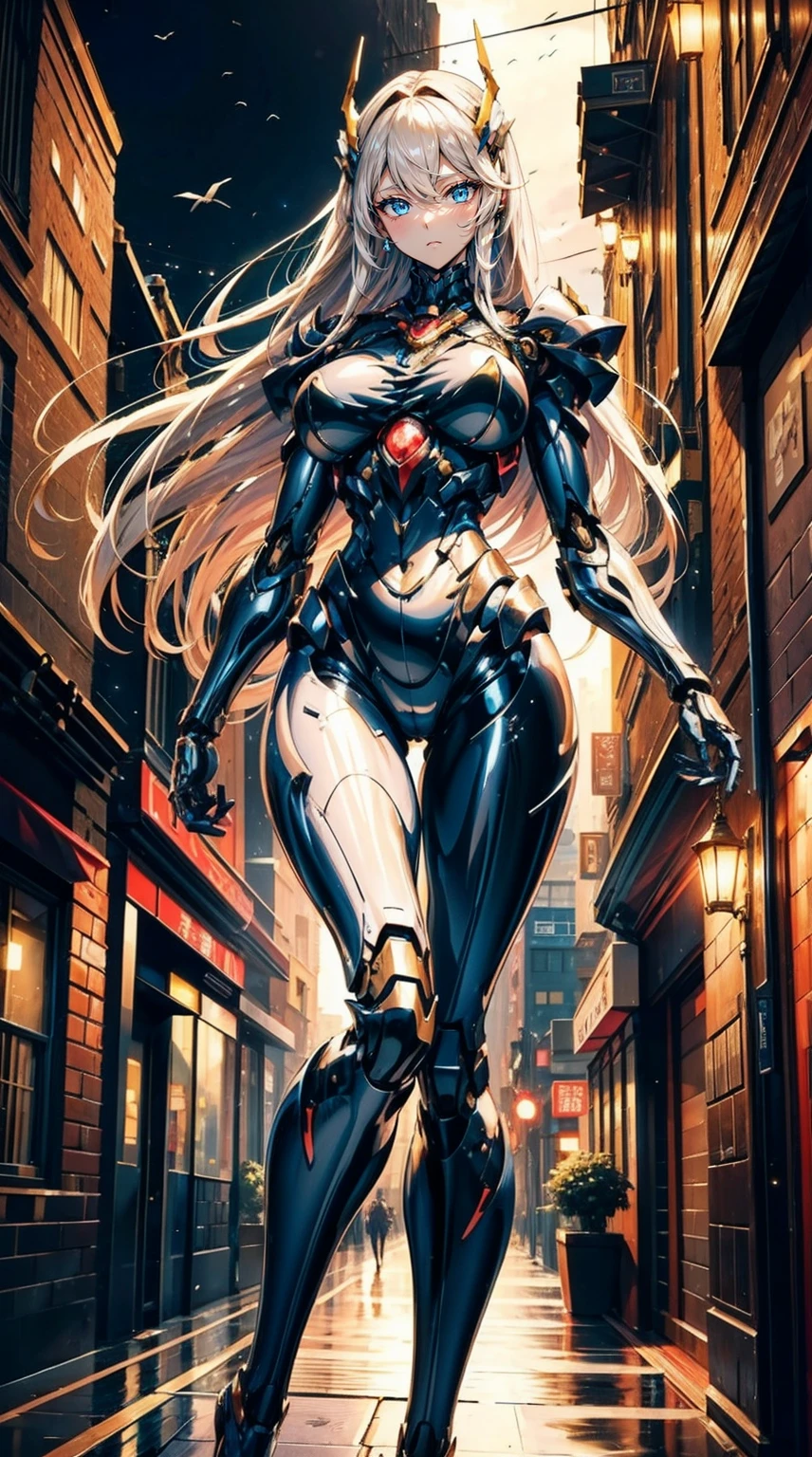 (A mechanical girl:1.9),(Beautuful Women:1.4),Tall guy,mature,The beautiful,Raised sexy,(Large chest),Plump breasts,Rounded buttocks,极度Raised sexy,完美的Mechanical body,(Mechanical body:1.erfect black and red mechanical armor:1.3),(The beautiful机械躯体:1.1),Slender robotic legs,Long blonde hair,Blue eyes,delicated face,The beautiful脸,(gentle expressions:1.8),high-heelsBeautuful Women,(high-heels:1.2),Paintings with characters as the main subject,Just the right lighting,Close-up of people,Best quality,Best quality at best,The most perfect detailust:2.0),Professional lighting,The beautiful双眼,The beautiful脸,The beautiful身体,Raised sexy的身体,White steel armor,CG perfeita,Beautiful painting,Delicate picture,City streets,the night,beautifully lit