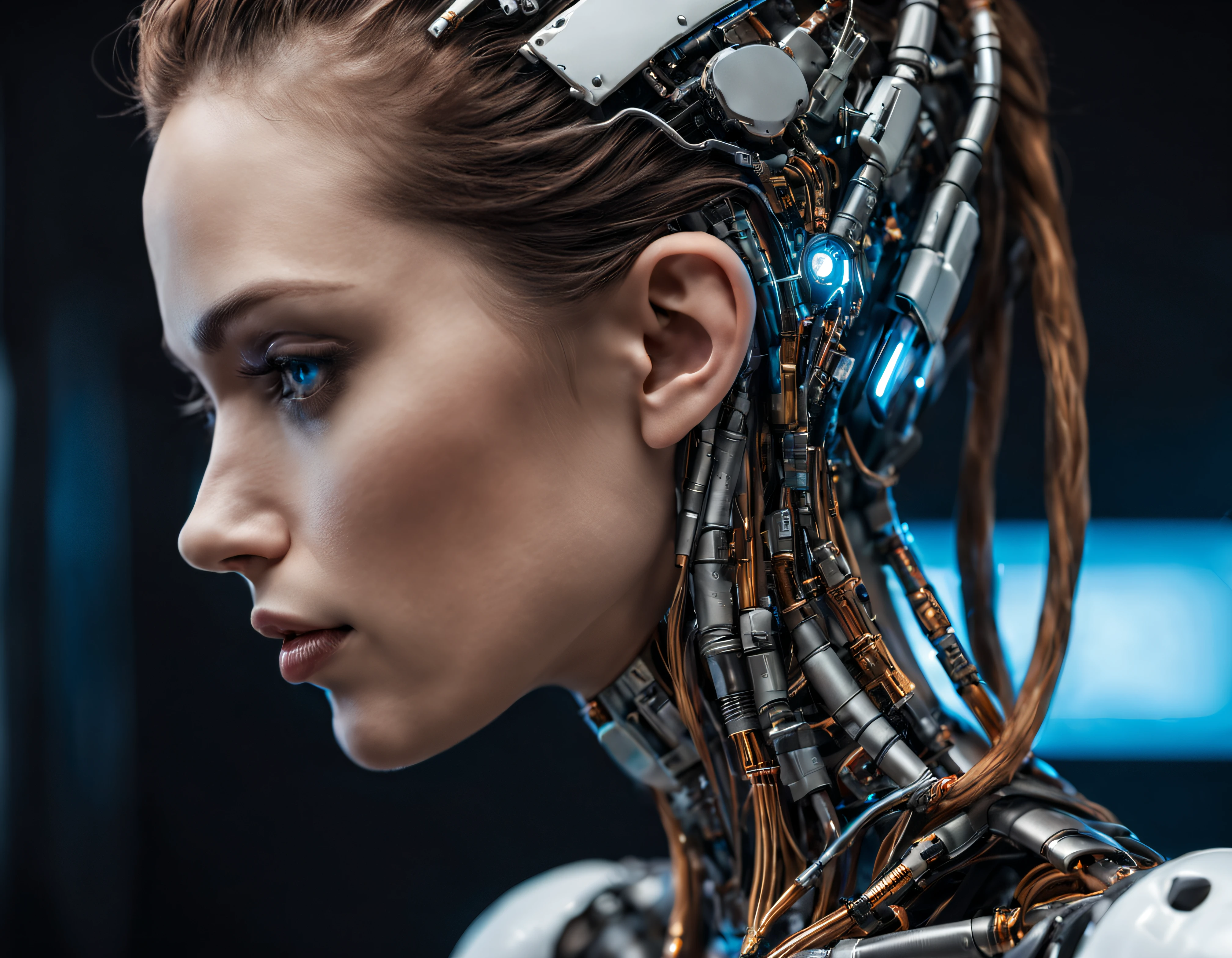 hermoso perfil de porcelana mujer, rostro de Android, cíborg, Robotic Parts, perfecta luz suave de , luz de borde, detalles vibrantes, lujoso cyberpunk, encaje, hiperrealista, anatomical, facial muscles,