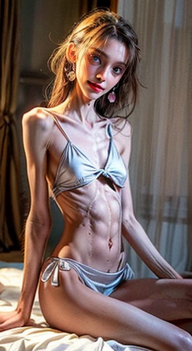 Photograph of an anorexic emaciated extremely skinny Swedish female model, completly naked except for stockings and choker, sweaty wet body, the lighting in the room  good and there are no dark areas, show full height of model from ankles up, she is sitting on a kitche table, her legs are spread open, her knees are apart, she is facing the camera, she is looking at the camera, her body is wet with sweat, wide diamond neck choker 12 inches wide,  beautiful colored necklace, show breasts, show legs, she has a big smile, her teeth are showing, medium sized breasts, long legs, her hair is white with pigtails, she has a large colored bow and ribon in her hair, large hoop earings, bright red lipstick, incredibly skinny body, extremely skinny body, emaciated body, tiniest waist ever, well-defined collar bones, well-defined hip bones, well-defined ribcage, extremely skinny arms and legs, weak and fragile body, masterpiece, anatomically correct, textured skin, super detail, high details, high quality, best quality.