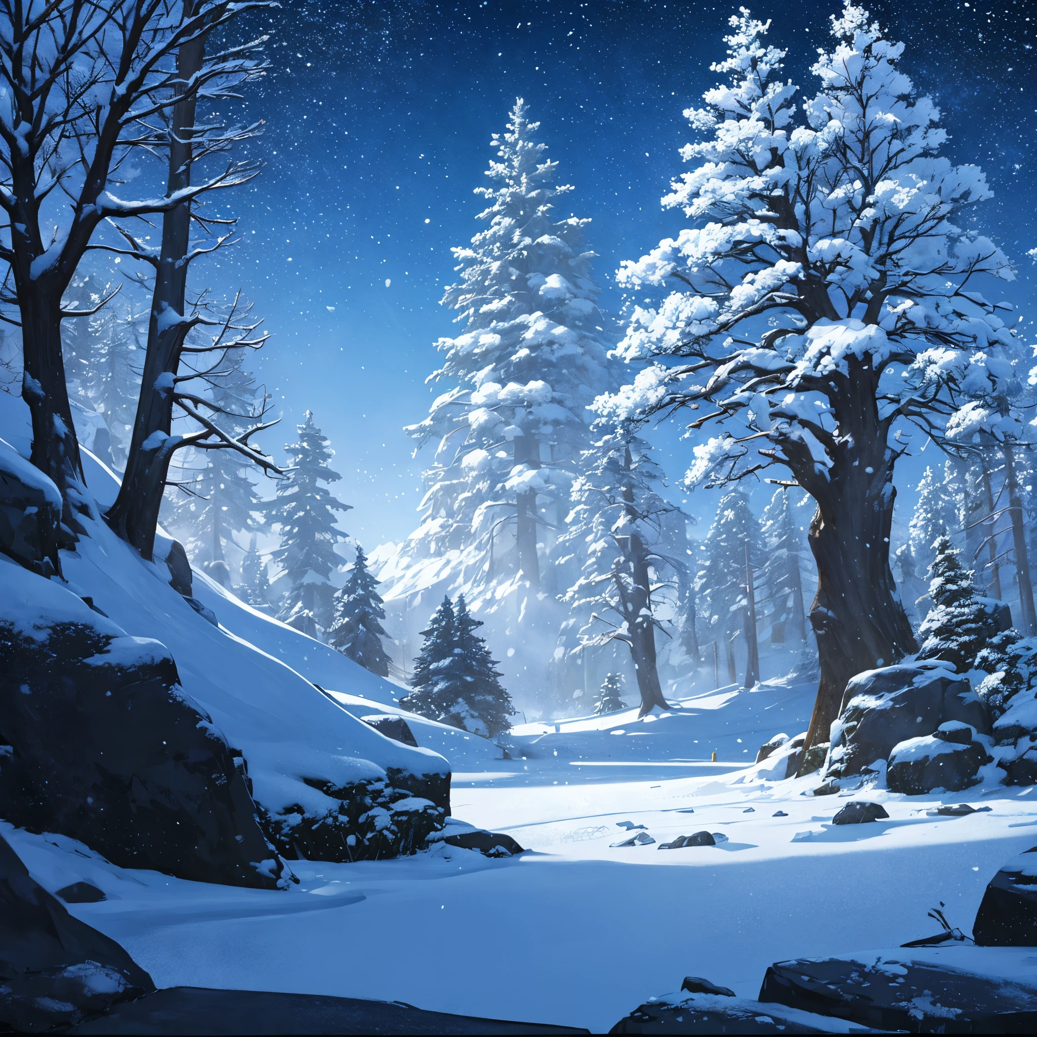 Landscape with rocks and trees with snow at night.