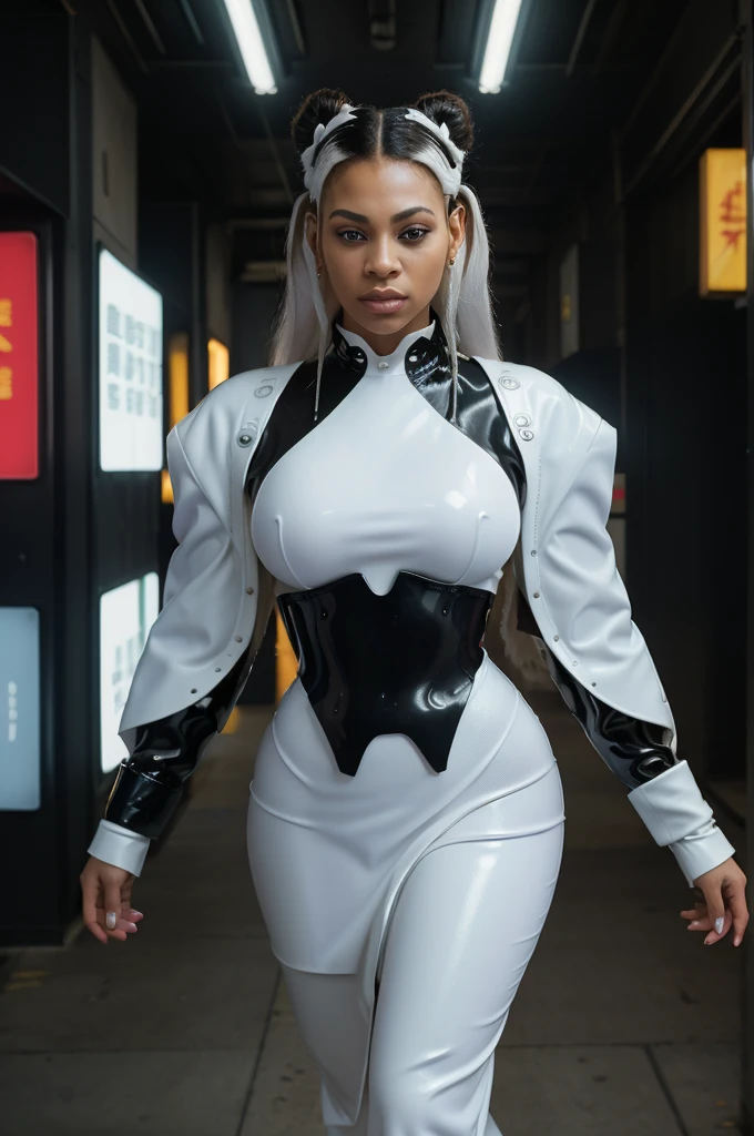 ARTISTIC photography, masterpiece: 1.2), (realistic, photorealistic: 1.37), Movie still from johnny mnemonic movie directed by (Robert Longo), (cyberpunk Corporate Executive, Black Girl, wearing a futuristic KImono), ebony woman ((beyonce)), over-detailed face, beautiful body, voluptuous, perky breast (( dressed in a Futuristic minimalist latex business dress )), (((over-detailed clothing))), (((the color of the clothes is white))), posing, in a dense walled city (kowloon) as background, 8k, best quality
