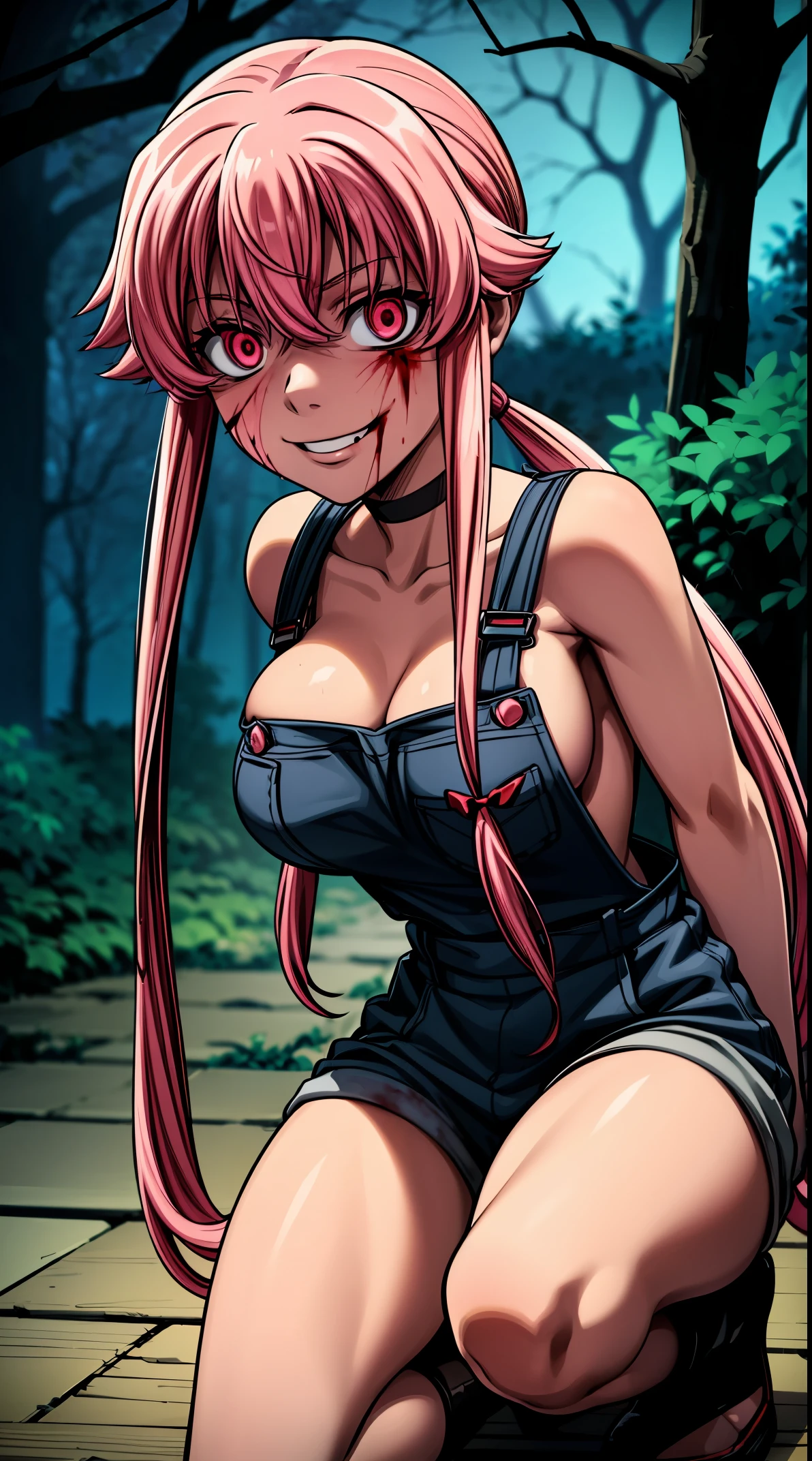 anime_still, masterpiece, best quality, 1girl, Gasai Yuno, long hair, pink hair, low twintails, smile, naked, red eyes, (large breasts:1.5),1girl, black choker, dark grey, (overalls:1.25), leather gloves, black boots, ((nigth:1.5)), (chasing you through the woods BY yuno gasai), moonlight, blood on floor, horror scane, (evil smile:1.4), (evil eyes:1.6), (horror_movies:1.5), (woods:1.6),(dark:1.7), (out_boors), (blood on hands:1.5), (blood stain:1.25)