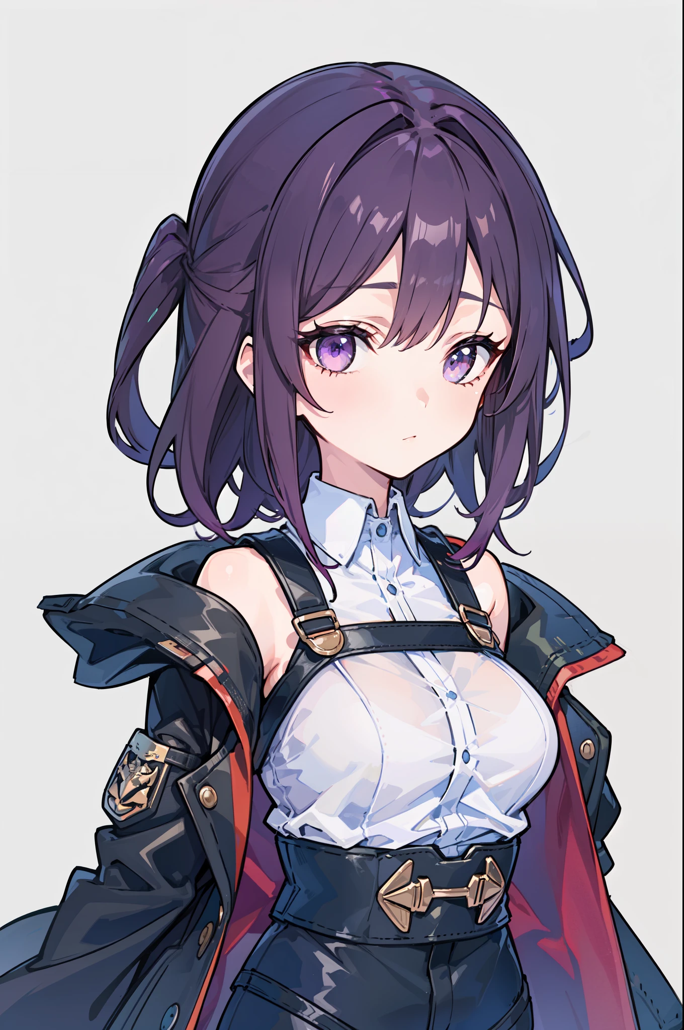 1girl, young woman, solo, purple hair, short hair, long side bangs, big hair, (forehead), purple eyes, medium breasts, neutral, (overcoat, black coat, open coat:1.2), white shirt, collared shirt, (chest harness, shoulder strap:1.15), black shorts, garter belt, thighighs, gloves, elegant, looking away, simple background, transparent background, standing, focus hands on hips, close-up, face only, masterpiece, best quality, 4k