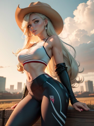 (cum on legs:1.5), AppleJack, AppleJack from my little pony, AppleJack in the form of a girl, long hair, Wild hair, cowboy hat, apple earrings, on a farm with apple trees, steampunk style, a lot of magic, lightning nets, best quality, very detailed, ultra 8k resolution, (cum on clothes:1.5), , Cyberpunk. 1girl, female, sozinho, background with buildings far away, avenida, luzes vermelhas, Preto e branco (melhor qualidade), (realista,fotorrealista:1,37), (obra prima), linda garota, middlebreasts, top vermelho, black legging pants, (cum on leggings:1.4), blush, humiliated, nsfw, nice ass