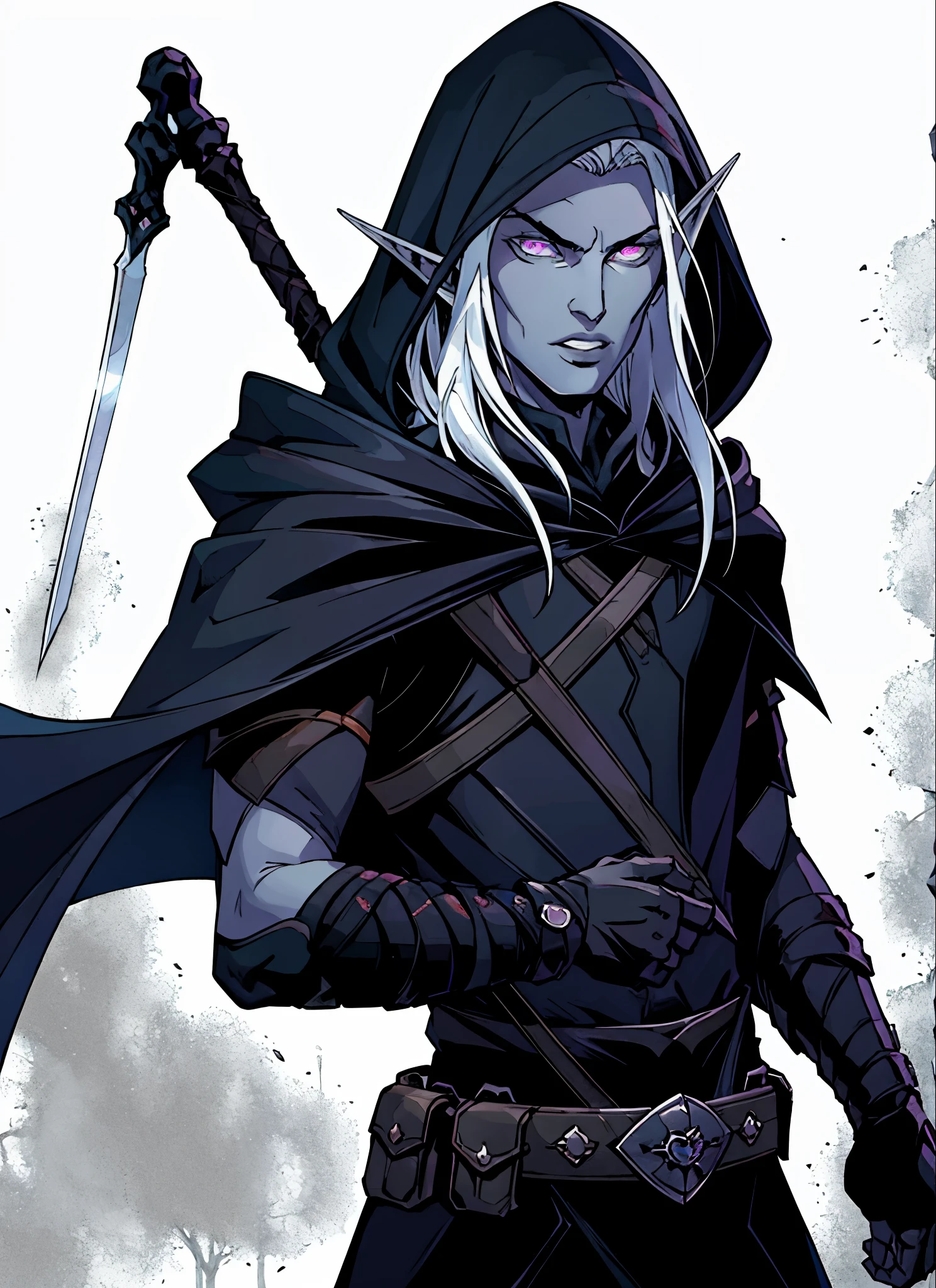 drow, male, pointy ears, solo, elf,Cropped waist shirt, hood, colored skin Obsidian, midriff, looking at viewer, long hair, cloak, dark elf, shoulder length white hair, cape, hooded cloak, belt, pouch, red eyes , Obsidian skin, red eyes, upper body,glowing eyes,lips, ((masterpiece, best quality))