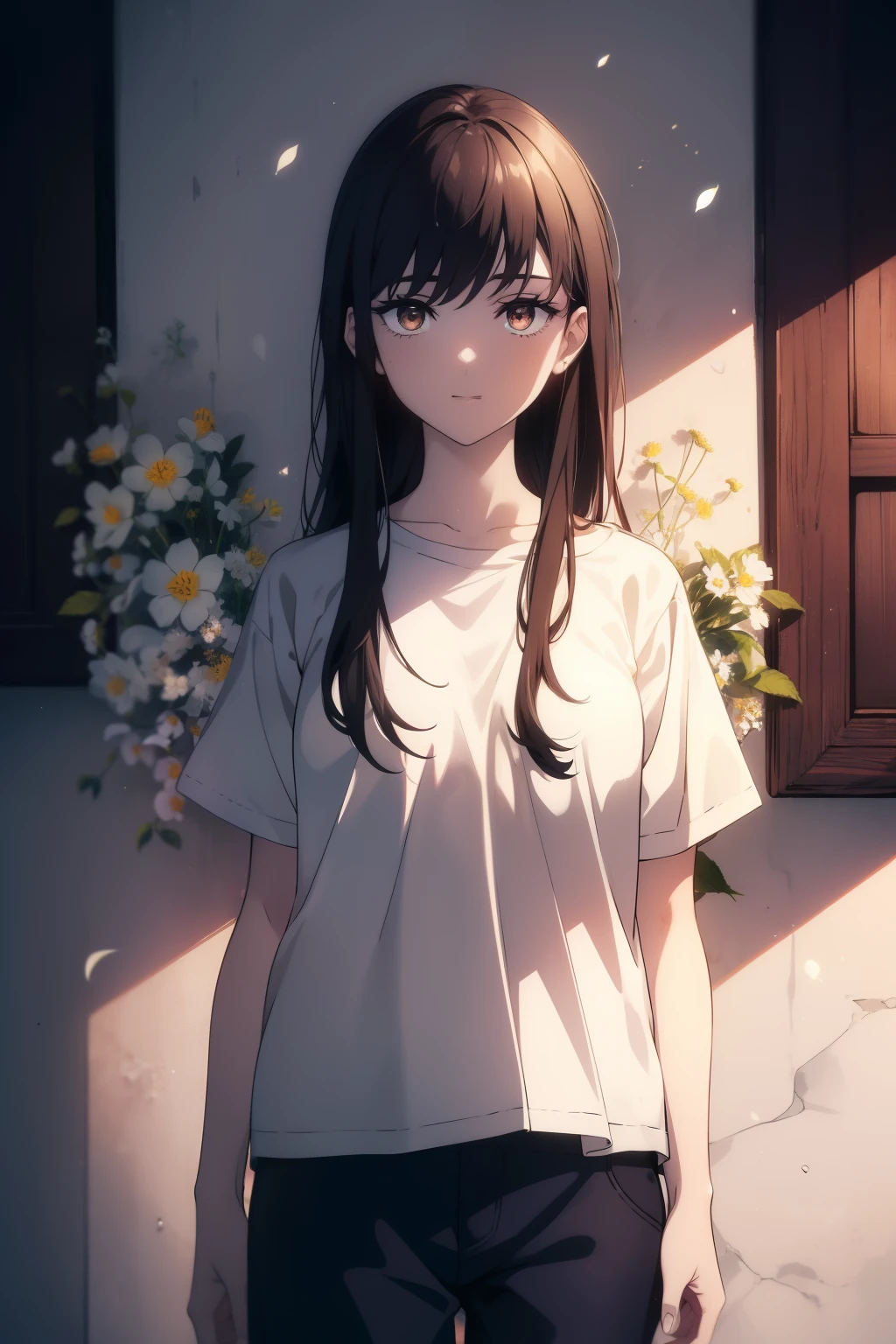 ((((Obra maestra, La mejor calidad, ultrahigh resolution)))), 1girl, standing, (baggy white t-shirt, loose fitting blue shorts), long back hair, long dark black hair, pale skin, ((shining brown eyes)), ((ultra detailed eyes:1, beautiful and detailed face, detailed eyes:0.5)), empty eyes, smile, (((darkness, LSD flowers, flower field, beautiful lighting:1))), (glowing_eyes), (18 year old girl)