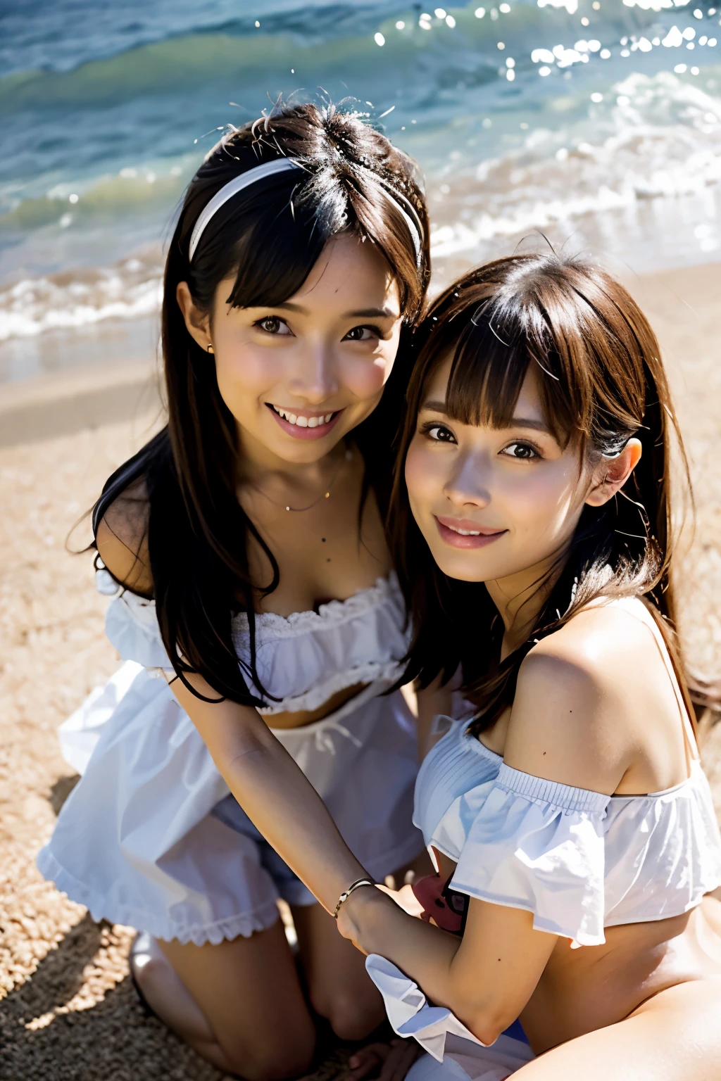 (8K、Raw photography、top-quality、tmasterpiece:1.2),(((Two girls,duo,stroking,On the beach))),、ultra - detailed、Hyper-Resolution、(hyper realisitc:1.4)、（Use a kiss you throw as a camera）above from、Camera taken from above、Shooting camera angles from above、I see this with upward eyes、Arms outstretched、arms spread wide、Use high-quality images taken from above with the camera、(Girl on the Beach 5-digit number 1:1.3)、、Offshore Girls（dreamy lighting）head to waist、、White skinned、Farbe白の女性校正、An ultra-high picture quality、、Beautiful female proofreading reflecting in light、amazing detailed、Beautiful girls in very detailed、(Faces with different patterns 1:1.2)、(Different facial emotions 1:1.3)、Each hairstyle has its own characteristicarbe々Hairstylearbe々髪のFarbeがすっきりとした光沢で輝く、I love fishing on a boat、光に輝く茶Farbeい髪、One has a ponytail、、Modern cute girl、very detailed faces very detailed eyes、Very realistic skin、 extremely detailed fingers, highly detailed nose, highly detail mouth, perfect anatomia, (Off-the-shoulder ****ta Costume 1:1.2)、、Every detail of their hair shines、Hot teeth and smile、Realistic body, White skinned, glistning skin, Slim body, Long straight hair, (Blunt bangs:1.2), , nixeu and sakimichan, TWICE, Seifuku, sakimichan, promotional still, Larisa Manobal, alena aenami and lilia alvarado