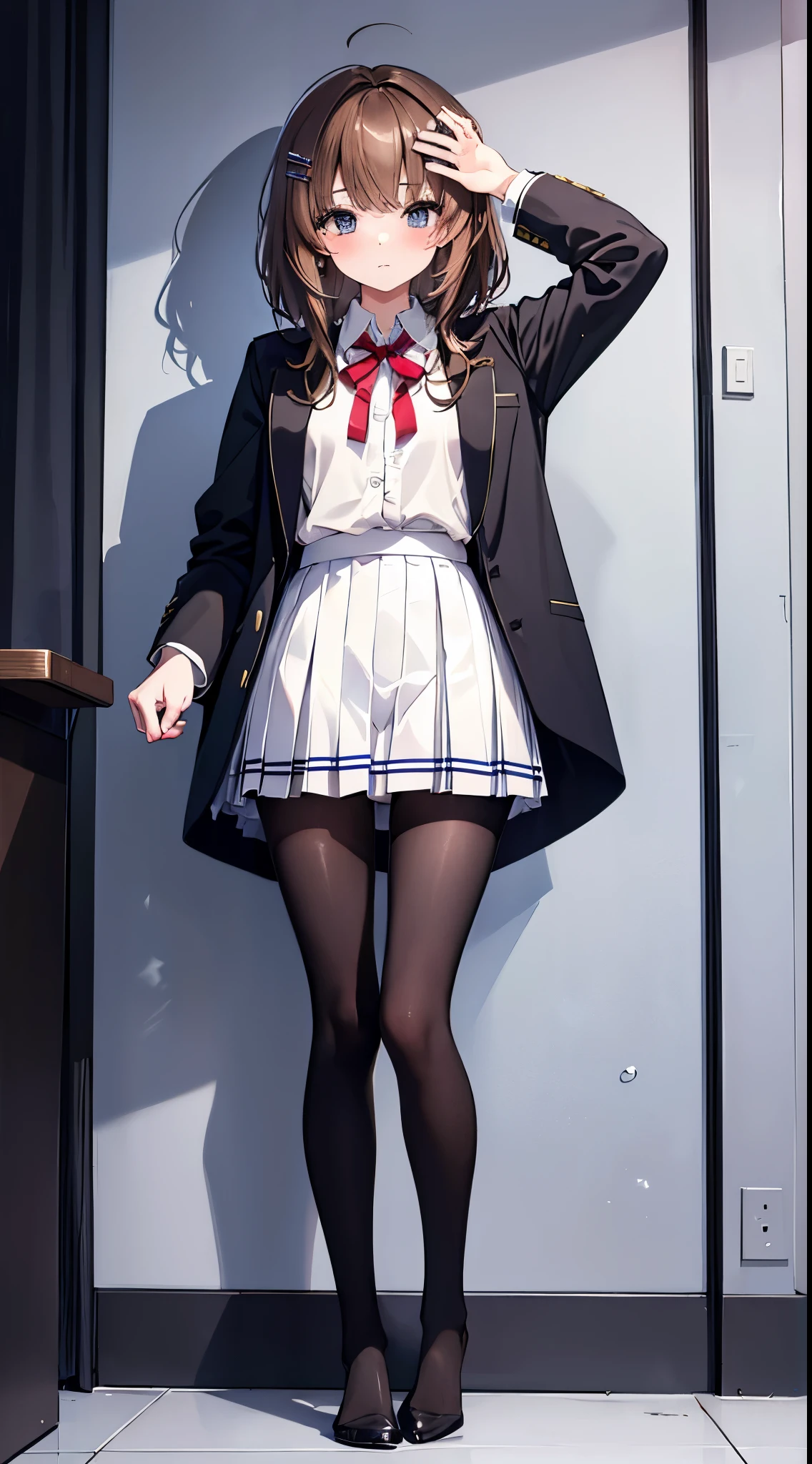 Finest, masterpiece, high definition, (full body), frontal, symmetrical, mature high school girl, solo, (full body from head to toe), small breasts, long hair, slightly messy hair, (black tights), ( (black pantyhose), black pantyhose, composition showing white panties, slender beautiful legs, a very beautiful (not wearing shoes) legs), blushing, shy big eyes, (short (brown hair)), (bangs), messy hair, (hair clip), looking at camera, showing white panties, white frilly lingerie, high school uniform blazer, high school uniform White blouse, high school uniform with blue ribbon, high school uniform with short plaid pattern and navy pleated skirt
