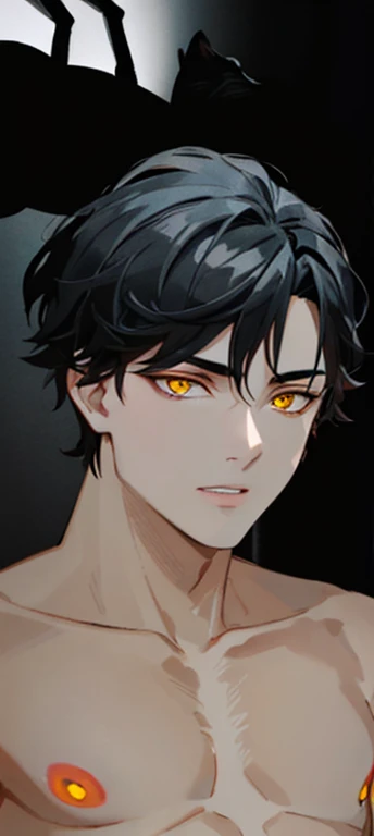 1boy, shirtless, black hair, yellow eyes, wolf eyes, realism , ultra details, 70mm lens