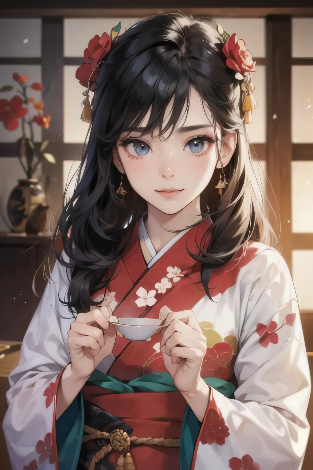 (masutepiece, Digital Art, Digital Illustration, 4K, 8K, Ultra-detailed, beautiful image, Sharp Image, Photorealistic, Raw photo, Perfect face, Perfect lines, Perfect eyes, Soft lighting) ,1 woman, (Black hair,straight haired,Bullish gaze,Beautie,ellegance,Solid makeup,23 y-o woman,small tits:1.3),スーツ姿のハンサムなember性2人, (ember,ember性はスーツ姿,well-muscled,Firm shoulder width, emberの,Boyish hairstyle,English gentlemanly style,クールな表情の30代ember性,明るい笑顔の28歳ember性:1.2),Show white teeth and smile(embarrassed from,Shy smile:1.1),(Nervous,be shy,sleepy,embarrassed from:1.1),Open your thin mouth,innocent smiles,Looking at the camera,Dating,Japan Traditional Evening Kimono,raise arms,Black floral kimono,Hot Spring Ryokan、bamboo forest garden、the kiss、a couple、a couplethe kiss、Romance、