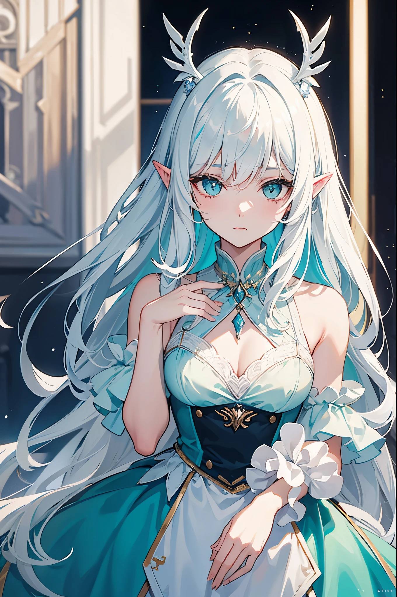 Halbnahe einer jungen Elfe mit langem, straight and silky white hair and blue streaks in her hair, Sparkling green eyes and a shy expression in a silk dress, realistisch、masterpiece quality、best qulaity、Offizielle Kunst、beauty and aesthetics