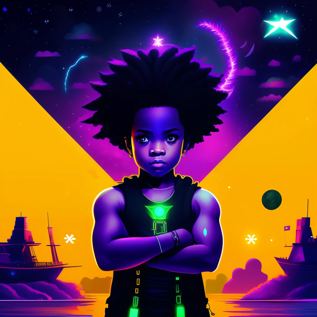 Create an image of a black ninja after an apocalypse in the future afro hair falling forward, Rasta type but braided,tiro de corpo inteiro, tiro de corpo inteiro, , Lightning in the sky, arms extended, olhando para frente, parado no topo de uma montanha, manto e capa vermelhos, cruz brilhante no ar. ,Arte Luz Neon, no escuro da noite, Um navio alto navega pelos mares iluminados pela ,....lua, estrelas, Colouring, circunstanciado, 4k
  Create an image of a black ninja after an apocalypse in the future afro hair falling forward, Rasta type but braided,tiro de corpo inteiro, tiro de corpo inteiro, , Lightning in the sky, arms extended, olhando para frente, parado no topo de uma montanha, manto e capa vermelhos, cruz brilhante no ar. ,Arte Luz Neon, no escuro da noite, Um navio alto navega pelos mares iluminados pela ,......lua, estrelas, Colouring, circunstanciado, 4k
