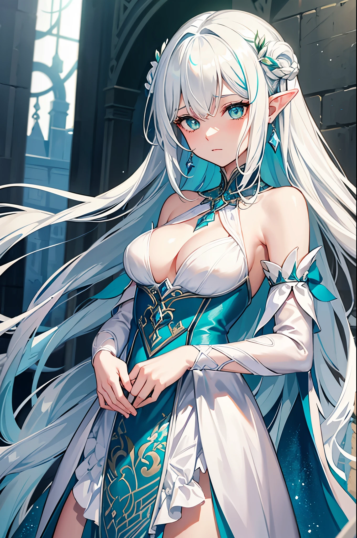 Halbnahe einer jungen Elfe mit langem, straight and silky white hair and blue streaks in her hair, Sparkling green eyes and a shy expression in a silk dress, realistisch、masterpiece quality、best qulaity、Offizielle Kunst、beauty and aesthetics