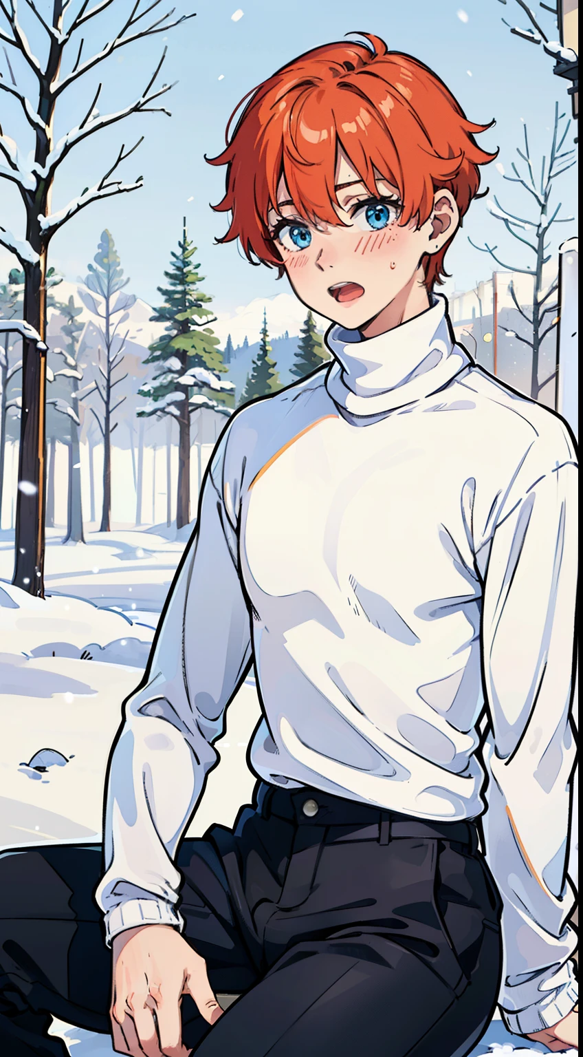 (1boy,teen,18 years old), orange hair, blue eyes,(black pants),(((white sweater,turtleneck))),(sitting in snow,in a forest),((shy face,blush,open mouth)),looking away