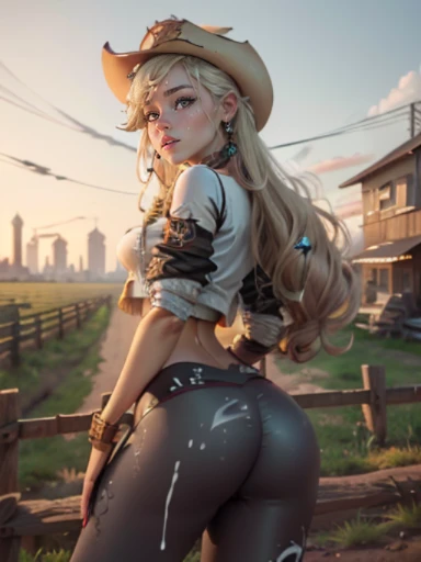 High resolution illustrations, unrivaled masterpiece, ultra-realistic 8k CG, perfect artwork, (fidelity: 1.5), farm, ranch, ((night)), cloudy, ((mature woman)), (((solo))), wet hair, blond hair, curly hair, single ponytail, blue eyes, huge tits, big ass, natural makeup, ((Casual wear, jeans)), character in the middle, standing, blonde hair, vibrant, multicolour