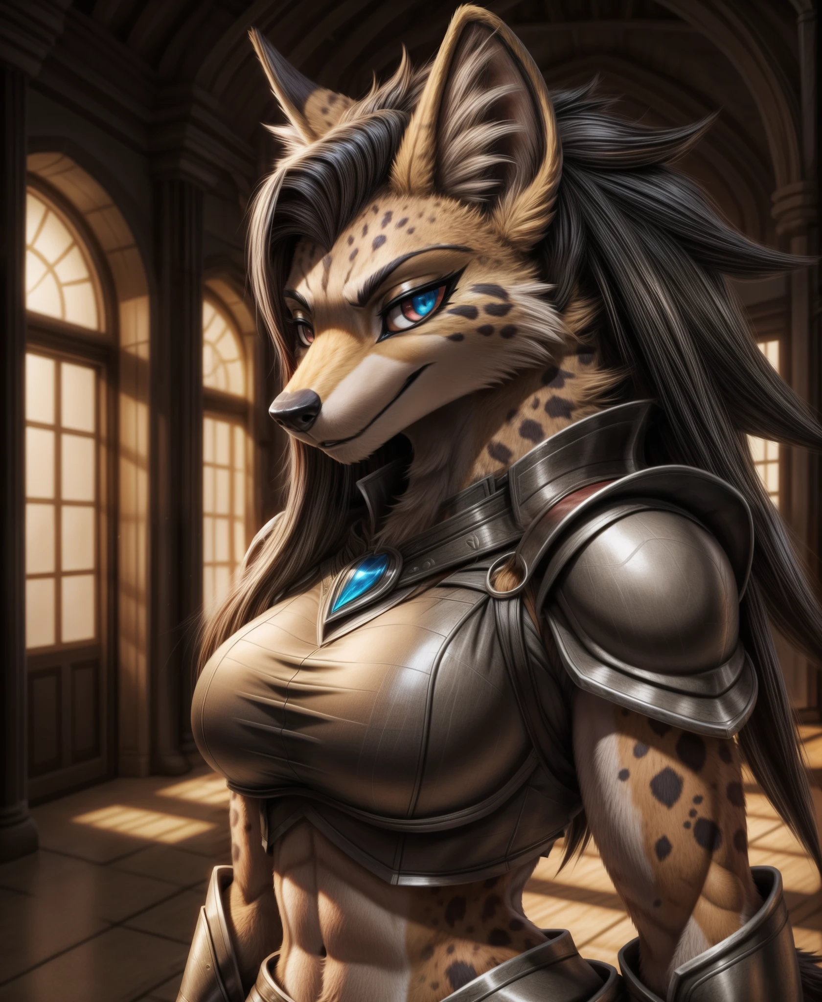 uploaded on e621, trending on Artstation, masterpiece, anime style, female striped hyena, standing, wearing armor, slim body, bright lighting,