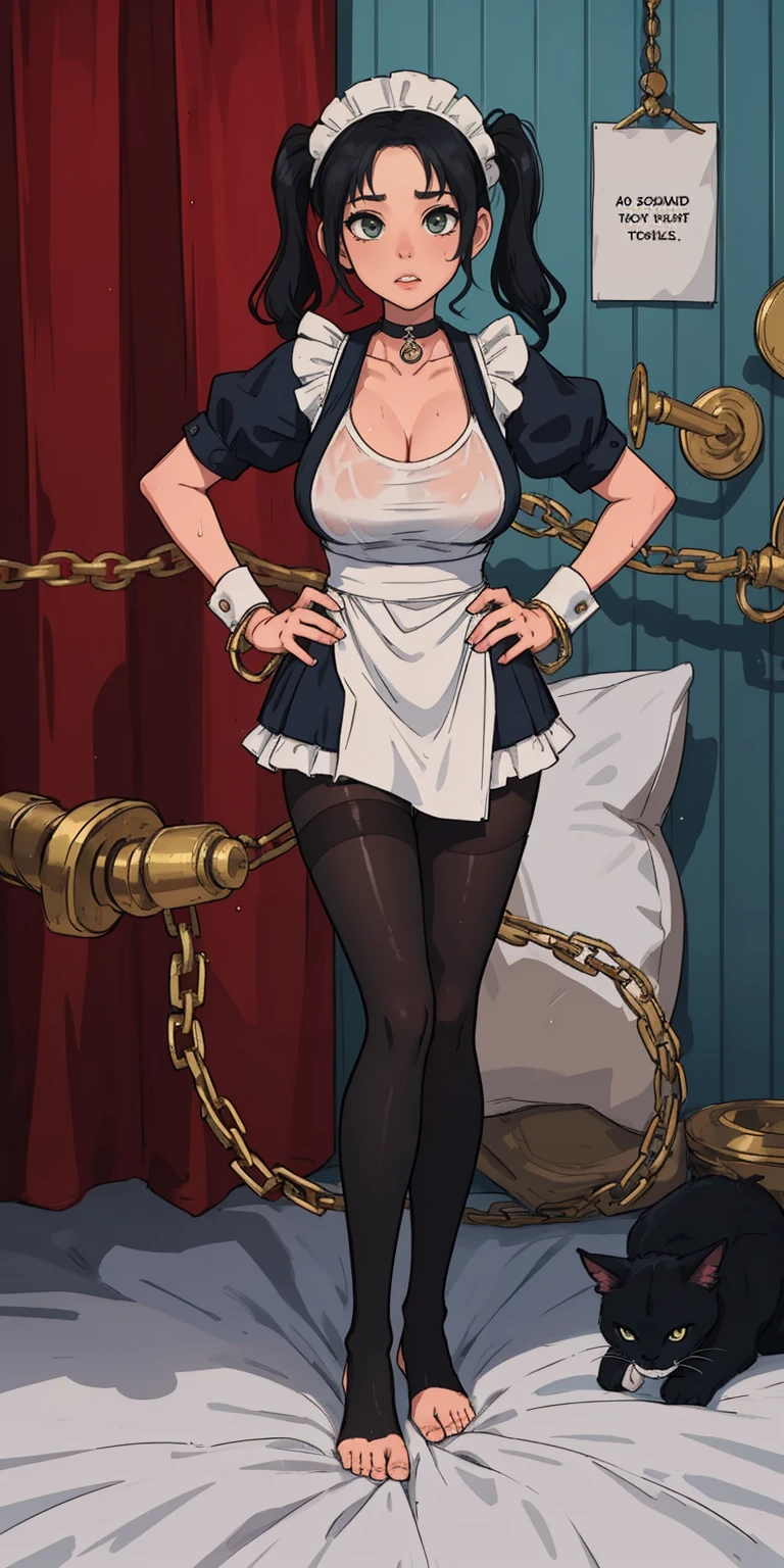 SFW, SLAVE FEMALE, Maid for sale. An African (very black skin) domestic worker for text "US dollar" full body, barefoot, standing straight symmetrical, huge boob(masterpiece, best quality:1.2), smirking smile, red blush, wet body, looking at viewer, hands on hips, twintails, twin drills, dress, blue pantyhose, striped pantyhose, Handcuffs on their hands, With a collar around the neck, slave catgirl ((black choker, shackles on legs and armedroom background (bed, pillow, sheet))