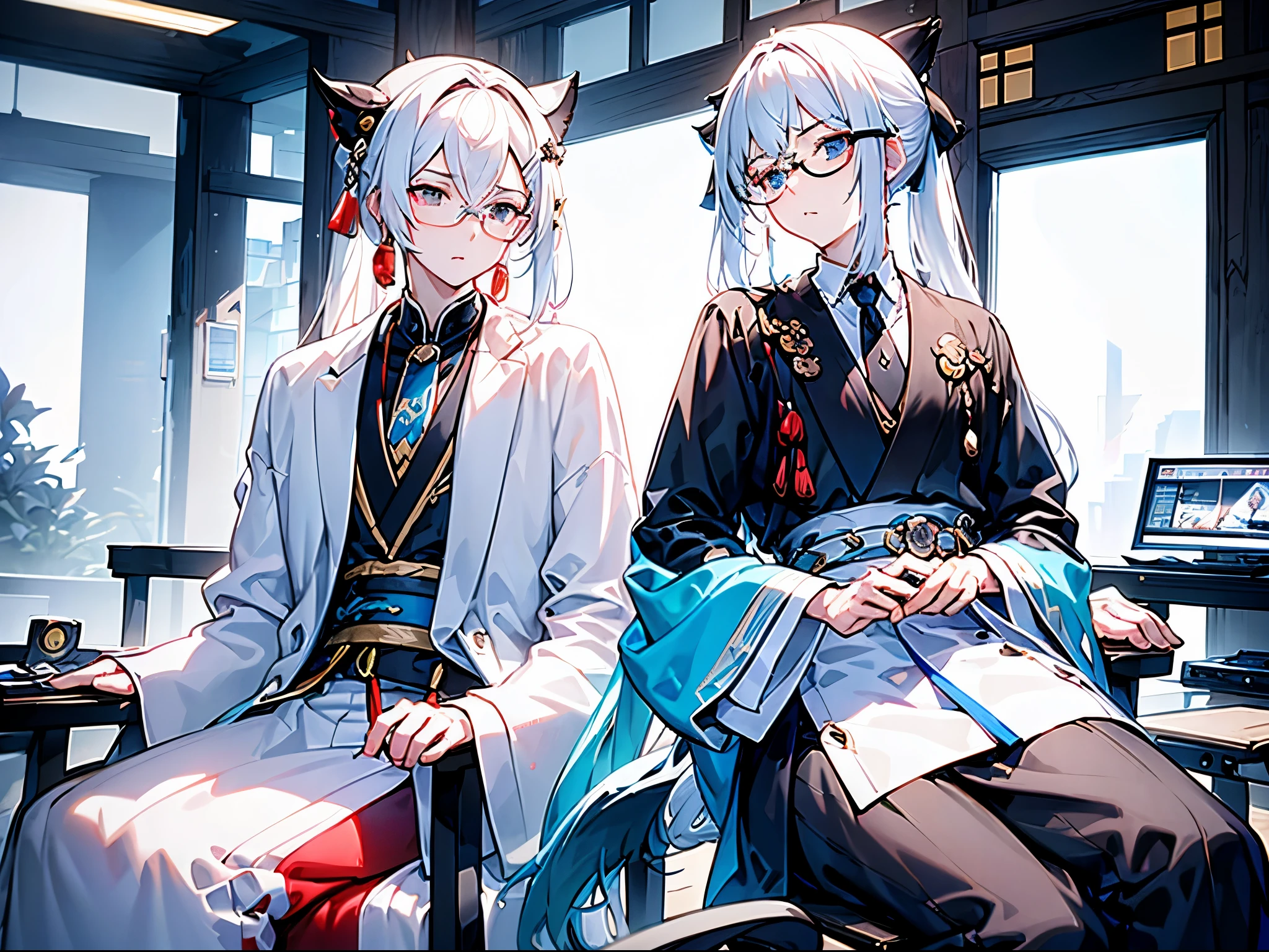 （masutepiece）（high-detail）20s male android、One、white  hair、poneyTail、Hats、tailcoat、neck tie、He wears round glasses with no rims、Quietly close your eyes、Sitting on a chair on a machine（middle of screen）、Chairs are connected by multiple cables、Background with（An electronic world that feels like science fiction、A space that feels like inside a machine、Virtual space、near future）
