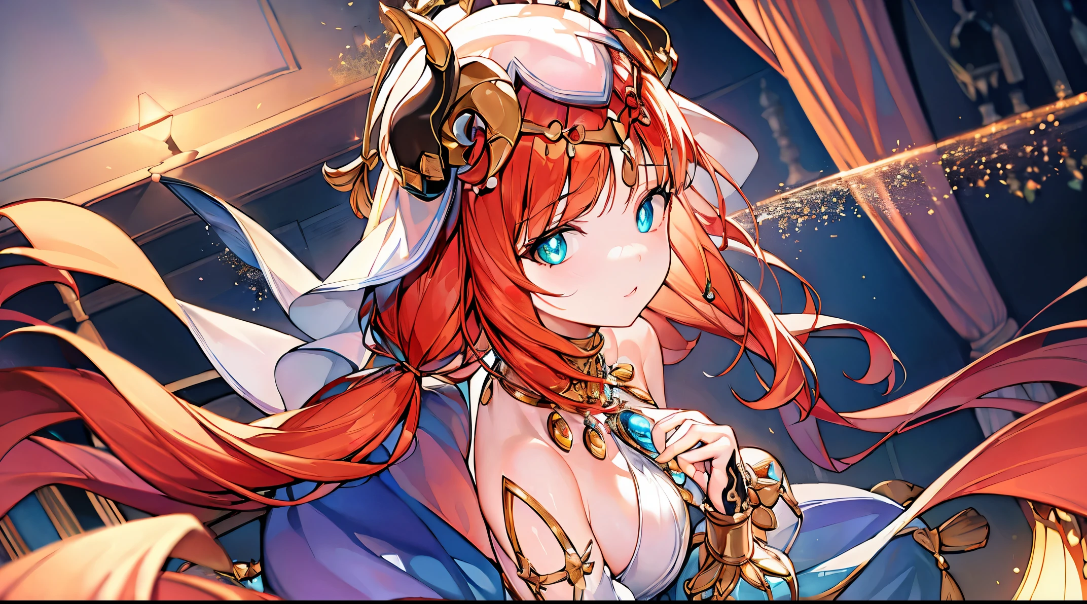 (((4k, masterpiece, top-quality))) ,8k, best quality, (((piano))), high resolution, HD, unity 8k wallpaper, (((illustration:0.8))), (((beautiful detailed eyes:1.6))), extremely detailed face, perfect lighting, extremely detailed CG, (perfect hands, perfect anatomy), super complex details, 1girl, horns,red hair,long hair,twintails,veil,aqua eyes,harem outfit,neck ring,jewelry,bare shoulders,long sleeves,crop top,brooch, bracer, gold trim,blue skirt,circlet,vision \(genshin impact\),