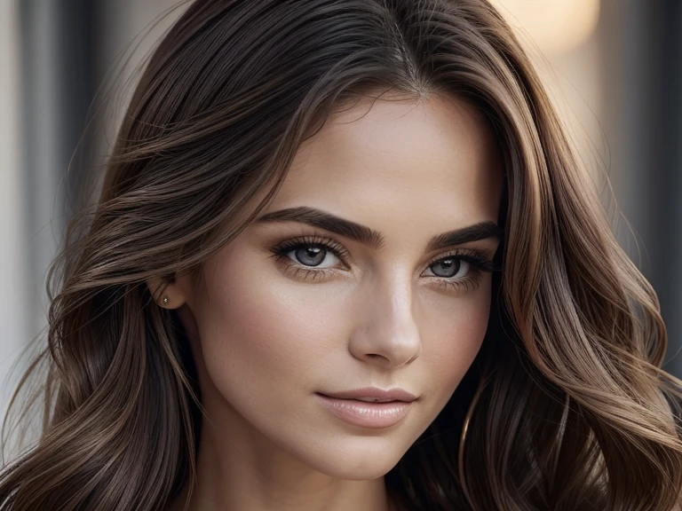 highres,professional,detailed,realistic portrait,beautiful woman with long,flowing brown hair,stunning detailed brown eyes,full and glossy lips,flawless and glowing skin,perfectly groomed eyebrows,golden sunlight illuminating her face,fashion model style,glossy and vibrant hair,carefully styled and perfectly loose curls,soft and luxurious hair texture,silky smooth strands,shiny and healthy hair,gorgeous volume and movement,natural hair care products,feminine and elegant hairstyle,effortlessly glamorous look,confidence and poise,polished and sophisticated appearance,modern and trendy hair accessories,subtle and flattering makeup,neutral tones to enhance natural beauty,intense and captivating gaze,connecting with the viewer,high fashion photoshoot,striking and captivating portrait,sensual and alluring vibe, timeless beauty,artistic expression,emotion and grace.