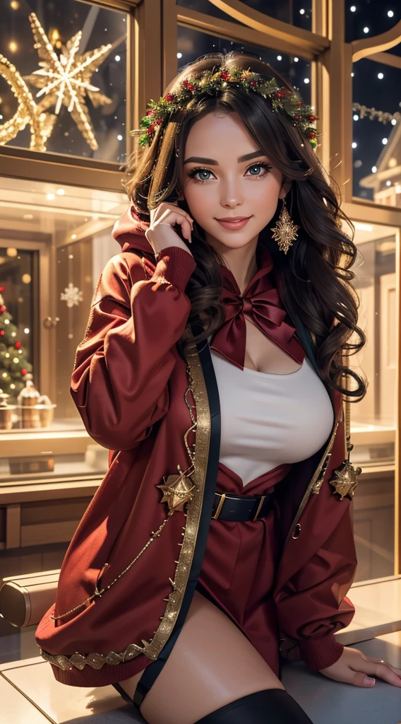 Detailed 8K image of an alluring goddess dressed in Christmas attire, her long curly hair flowing with elegance. She wears an open-front black hoodie, revealing a festive and relaxed aura. Her green eyes radiate joy as she is gracefully positioned next to a futuristic aircraft, blending the magic of Christmas with advanced technological elements.

The Christmas goddess displays a charming outfit with festive details, such as sparkling ornaments, bows, and Christmas-themed patterns. Her curls are accentuated by the festive atmosphere, and the black hoodie adds a modern touch to her appearance, balancing tradition and innovation. The futuristic aircraft beside her is designed with a Christmas aesthetic, integrating festive elements into its design.

The scene's lighting highlights both the goddess and the aircraft, creating a magical and technological atmosphere. Additional details, such as gifts or special ornaments, can enrich the composition, capturing the essence of the festive season.

This 8K image offers a charming and intricately detailed view of an alluring goddess, combining Christmas celebration with the presence of futuristic technology in an engaging scene.
