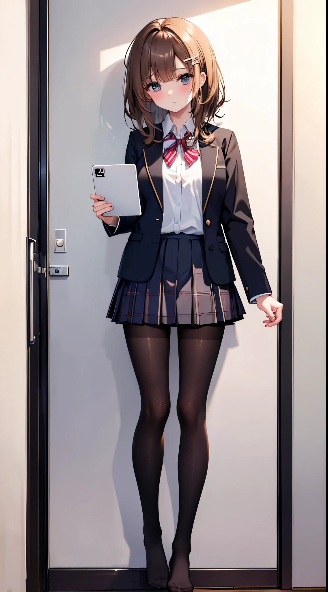 Finest, masterpiece, high definition, (full body), frontal, symmetrical, mature high school girl, solo, (full body from head to toe), small breasts, long hair, slightly messy hair, (black tights), ( (black pantyhose), black pantyhose, composition showing white panties, slender beautiful legs, a very beautiful 17-year-old girl (not wearing shoes) legs), blushing, shy big eyes, (short (brown hair)), (bangs), messy hair, (hair clip), looking at camera, showing white panties, white frilly lingerie, high school uniform blazer, high school uniform White blouse, high school uniform with blue ribbon, high school uniform with short plaid pattern and navy pleated skirt