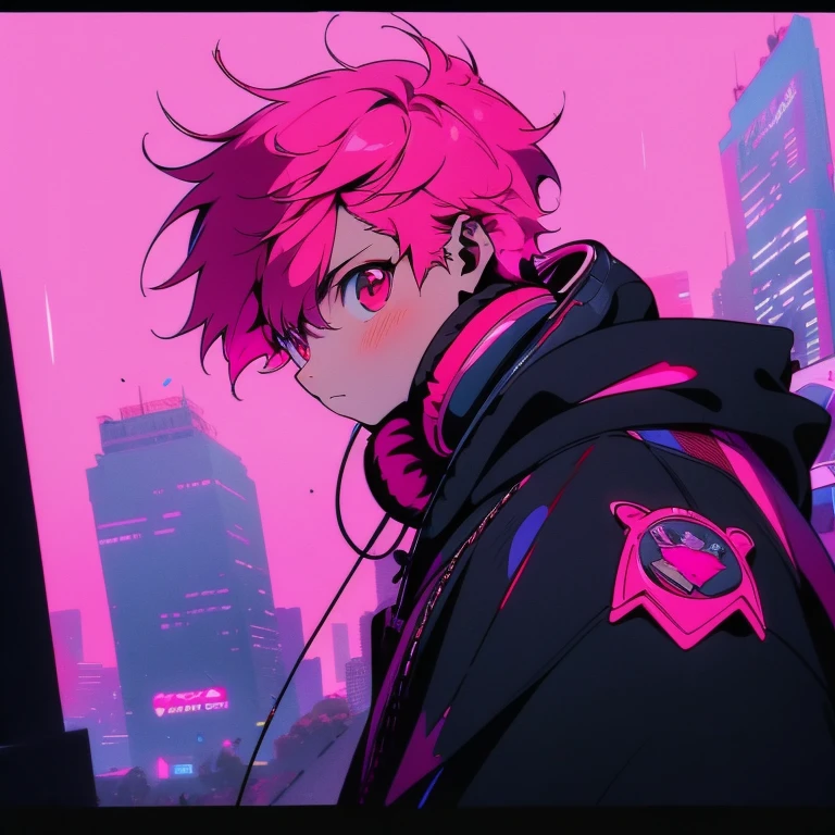 (short-cut), (Two-block hair), (vivid pink hair), (male character), (Red Eyes), (Cool pose), (of the highest quality), (masterpiece), (ultra-detailliert), (Oversized hoodies), (Street), (neons), (Camera from a down angle), (Modern City), (neonsデイライト), (Cinematic), (Stylish), (hight resolution), (Hyper Detailed), (Looking at the camera), (Anime-style), (Softtown), (nightcore), (a handsome man), (Listening to music through headphones), (natural appearance of the building), (casual), (ig studios anime style), (Super beautiful angle of view),