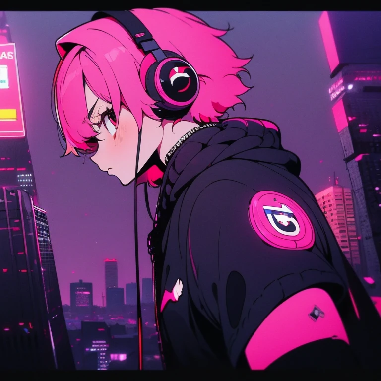 (short-cut), (Two-block hair), (vivid pink hair), (male character), (Red Eyes), (Cool pose), (of the highest quality), (​masterpiece), (ultra-detailliert), (Oversized hoodies), (Street), (neons), (Camera from a down angle), (Modern City), (neonsデイライト), (Cinematic), (Stylish), (hight resolution), (Hyper Detailed), (Looking at the camera), (Anime-style), (Softtown), (nightcore), (a handsome man), (Listening to music through headphones), (natural appearance of the building), (casual), (ig studios anime style), (Super beautiful angle of view),
