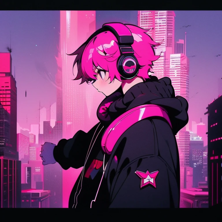 (short-cut), (Two-block hair), (vivid pink hair), (male character), (Red Eyes), (Cool pose), (of the highest quality), (masterpiece), (ultra-detailliert), (Oversized hoodies), (Street), (neons), (Camera from a down angle), (Modern City), (neonsデイライト), (Cinematic), (Stylish), (hight resolution), (Hyper Detailed), (Looking at the camera), (Anime-style), (Softtown), (nightcore), (a handsome man), (Listening to music through headphones), (natural appearance of the building), (casual), (ig studios anime style), (Super beautiful angle of view),
