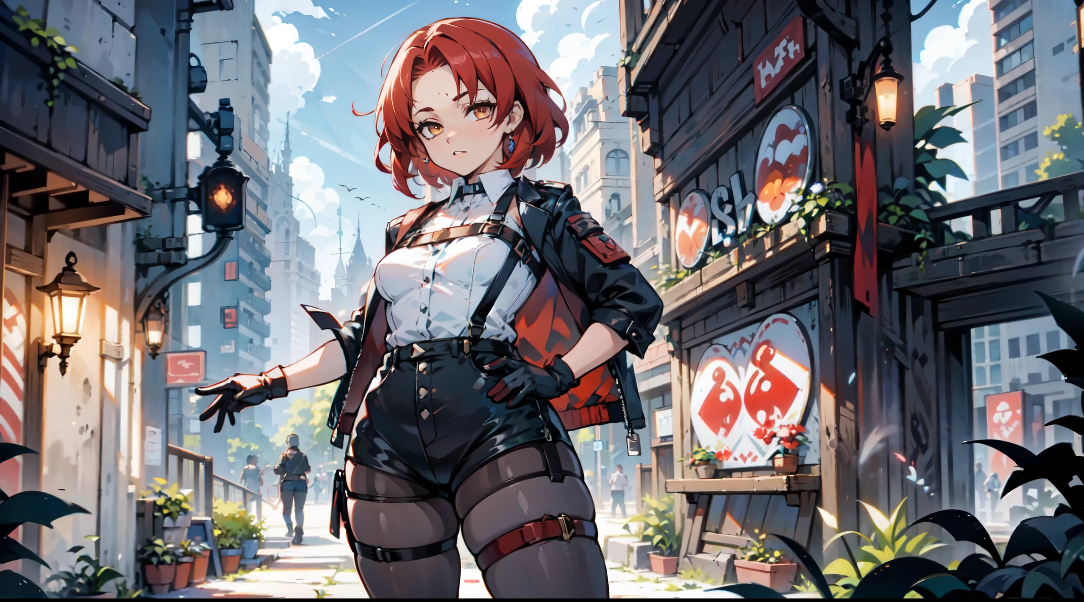 1girl, young woman, solo, short hair, Small hair, (forehead:1.2), yellow eyes, (scarlet red hair), Athletic, muscular, medium breasts, (cropped jacket, black jacket), white shirt, collared shirt, (chest harness, shoulder strap:1.15), black leather shorts, pantyhose 7/8, garter belt, gloves, elegant, looking at viewer, standing, night, masterpiece, best quality, 4k