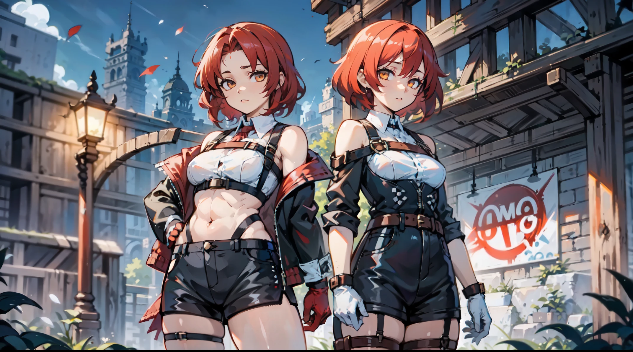1girl, young woman, solo, short hair, Small  hair, (forehead:1.2), yellow eyes, (scarlet red hair), Athletic, muscular, medium breasts, (cropped jacket, black jacket), white shirt, collared shirt, (chest harness, shoulder strap:1.15), black leather shorts, pantyhose 7/8, garter belt, gloves, elegant, looking at viewer, standing, night,  masterpiece, best quality, 4k