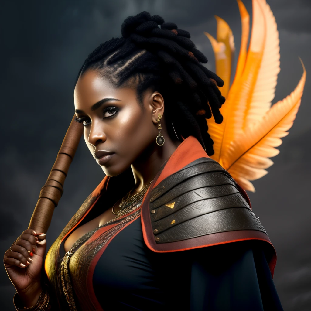 Uma mulher Moreno, de cabelo afro cabelo caindo para frente, Rasta type but braided,tiro de corpo inteiro, Olhos firmes, olhando para frente estilo modelshoot, 8K extremamente detalhado), foto de corpo inteiro da mais bela obra de arte do mundo, bruxa rosa medieval inglesa (Druida Dragonborn), black silk tunic, magia da natureza, Era medieval, pintura de verde-azulado e dourado, Petals, campo, action pose, casting a spell, magia rodopiante verde tiro de corpo inteiro, Olhos firmes, olhando para frente, Lightning in the sky, arms extended, olhando para frente, parado no topo de uma montanha, manto e capa vermelhos, cruz brilhante no ar Olhos firmes, olhando para frente, Lightning in the sky, arms extended, olhando para frente, parado no topo de uma montanha, manto e capa vermelhos, Shining cross in the airA realistic 4K phoenix with orange feathers, with a serious expression and looking forward, corpo inteiro. Rasta type but braided,tiro de corpo inteiro, Olhos firmes, olhando para frente, Lightning in the sky,