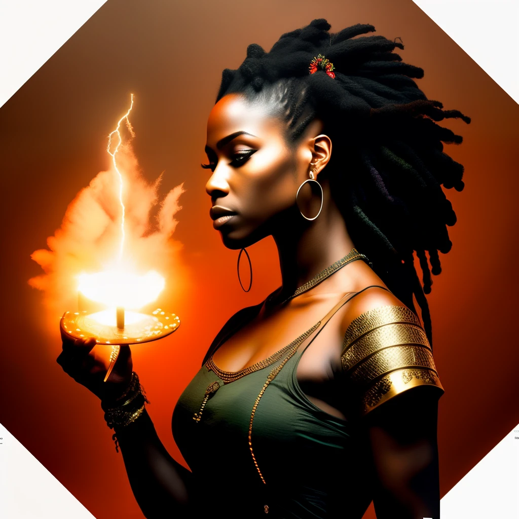 Uma mulher Moreno, de cabelo afro cabelo caindo para frente, Rasta type but braided,tiro de corpo inteiro, Olhos firmes, olhando para frente estilo modelshoot, 8K extremamente detalhado), foto de corpo inteiro da mais bela obra de arte do mundo, bruxa rosa medieval inglesa (Druida Dragonborn), black silk tunic, magia da natureza, Era medieval, pintura de verde-azulado e dourado, Petals, campo, action pose, casting a spell, magia rodopiante verde tiro de corpo inteiro, Olhos firmes, olhando para frente, Lightning in the sky, arms extended, olhando para frente, parado no topo de uma montanha, manto e capa vermelhos, cruz brilhante no ar Olhos firmes, olhando para frente, Lightning in the sky, arms extended, olhando para frente, parado no topo de uma montanha, manto e capa vermelhos, Shining cross in the airA realistic 4K phoenix with orange feathers, with a serious expression and looking forward, corpo inteiro. Rasta type but braided,tiro de corpo inteiro, Olhos firmes, olhando para frente, Lightning in the sky,