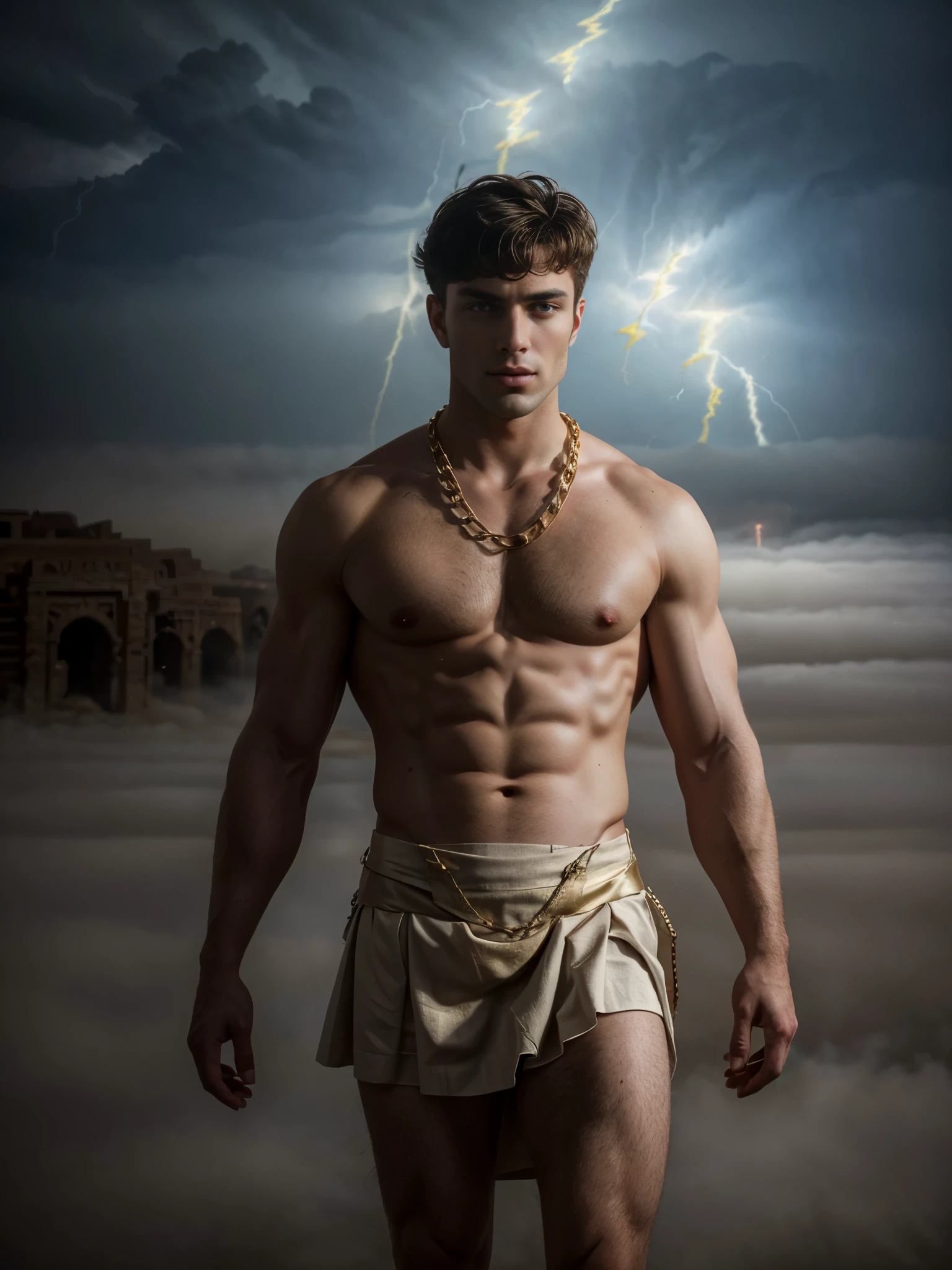 ((masterpiece)),((best quality)),8k, high detailed, ultra-detailed, Stylish Pose, real skin texture, dark cinematic lighting, 24 year-old Italian male model, (handsome italian:1.8), cute looking, divine look, powerful light blue eyes, Zeus god, god of thunder, Jupiter, godly, , bending electricity, displaying the ability to manipulate lightning, creating massive lightning, white pale skin, roman god physic, intense blue eyes, dry hair dry short brown messy hair, strong jawline, masculine, muscular, defined fit body, hairless chest, shirtless, pantless, open sea, sinister aesthetic, black storm clouds, arm bracelet. (lightning:1.6) clouds, (thunder:1.5), walking towards the camera (in the middlea thick fog:1.7), (night dark storm:1.35), barelegged, barefoot, antique linen spartan loincloth , white linen antique draped cloth skirt, (golden chain in roman skirt:1.4),,,, dim light, dark atmosphere, cinematic lighting, Depth of field, award-winning photography, elegant, hyperrealistic, octane render, unreal, high definition, 8k resolution, highly detailed, 8k uhd, professional lighting, photon mapping, radiosity, physically-based rendering