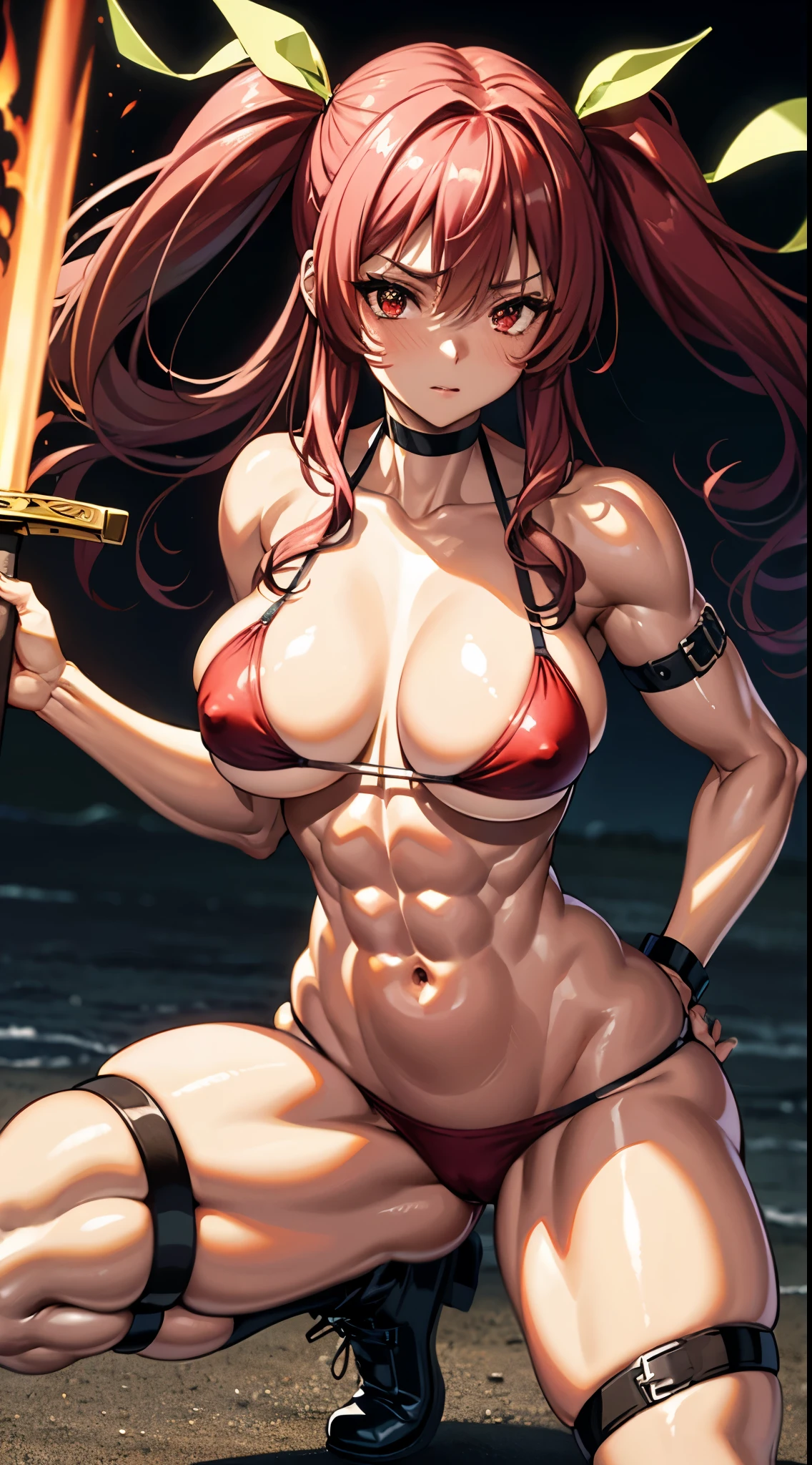 master piece、Superior Quality、1 girl in、(Stella Vermillion)、Ligature bracelet、muscular thighs, muscular belly, wide ????, (very thin waist), ?????????????, very hard ???????, ???????, very hard ???????, (( (holding 1 fire sword with two hands))), (on the beach), wearing red shoes with high heels scene), very hot, well-manicured hands, red nails, well-done red manicure with lots of details, {{{ wearing a well-made, short and very ???? ??????}}}, eye reflection, outstretched eyes, (red eyes), lonely, Pouting, anime, anime style, Luminous lighting, ray tracing, panorama, Nikon, Udisk hard, piece masterful, precise, anatomically correct, textured skin, Super Detail, high quality, best quality, ultra high resolution, Hard Udisk, 16k