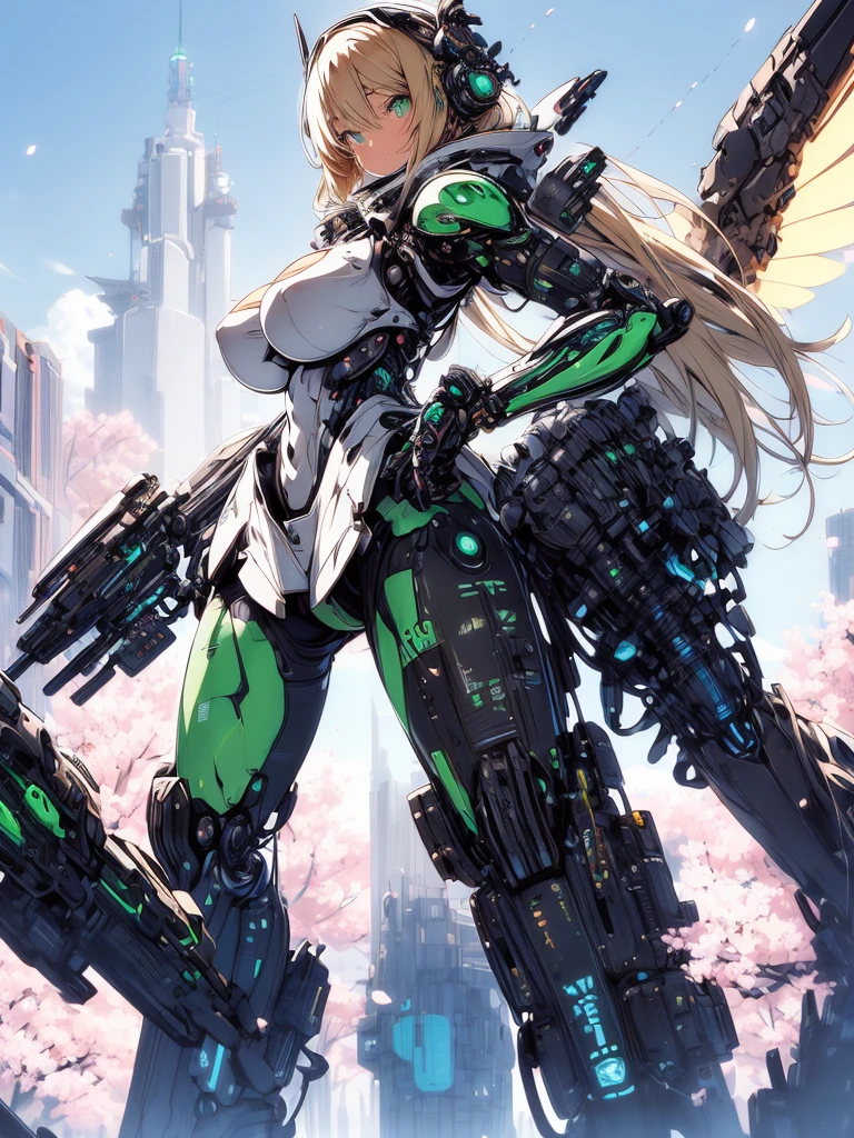 The most beautiful and sexy mecha warrior girl, blonde hair, green eyes, wearing a highly detailed futuristic hooded mecha battle armor, mechanical angel wings, huge enormously gigantic tits, cleavage showing, tons of tattoos and piercings, in hyper futuristic city metropolis, cherry blossoms blowing in the wind, highly detailed background, absurdres, highres, ultra detailed, (cute illustration:1.5), (cute,kawaii,sweet:1.2),
(1girl:1.4), bodysuit, cyborg girl,
hyper gigantic mechanical hands,dynamic pose, looking back at the camera
nice hands, perfect hands, incredibly cinematic, best quality, best resolution